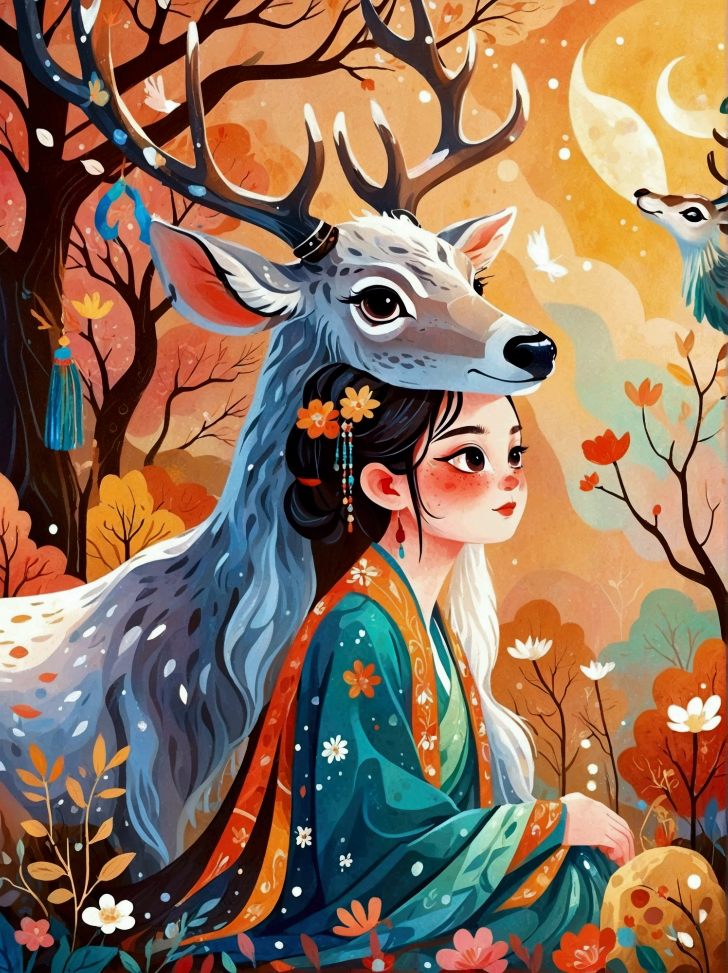 (8k,Bright colors,Bright,Ultra high saturation,rgb, Colorful), Cartoon,Character Design,Surreal photos,Nine-Colored Deer Guardian,High-resolution photos,The huge and beautiful seven-colored deer,A peaceful and dreamy scene,A little girl in Hanfu sits next to a giant nine-colored deer,(((In prayer))),so cute,Detailed facial details,The background is a magical forest full of spirituality,Create soft、Flowing atmosphere。Beautiful overall composition,microorganism,plant,Marine Life,Exquisite eyes,Starry Sky,Abstract mosaic painting,Describing the inner world of autistic people,Sense of space,White space,interesting,Innocence,Psychedelic Art,可爱的Q版Cartoon风格,Simple background,Colorful illustrations, Bright colors, Full body image, HD, High-resolution images in a Q-version style
