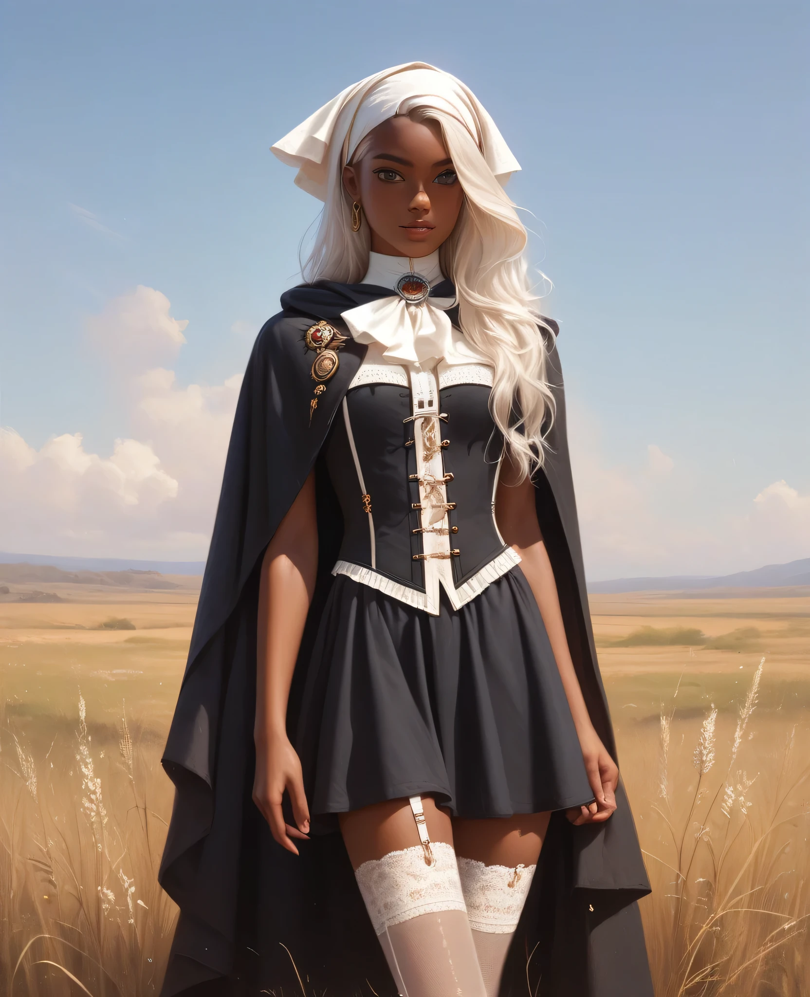 ((best quality)), ((masterpiece)), (detailed), 1girl, mixed race girl, African American + Caucasian girl with lighter skin, young woman, pretty, skinny, white hair, modern western attire, dark cloak, wearing casual clothes underneath cloak, black skirt, stockings, 2024 style corset top (modern look, no shirt underneath), modest, small head scarf/ hair tied, long hair