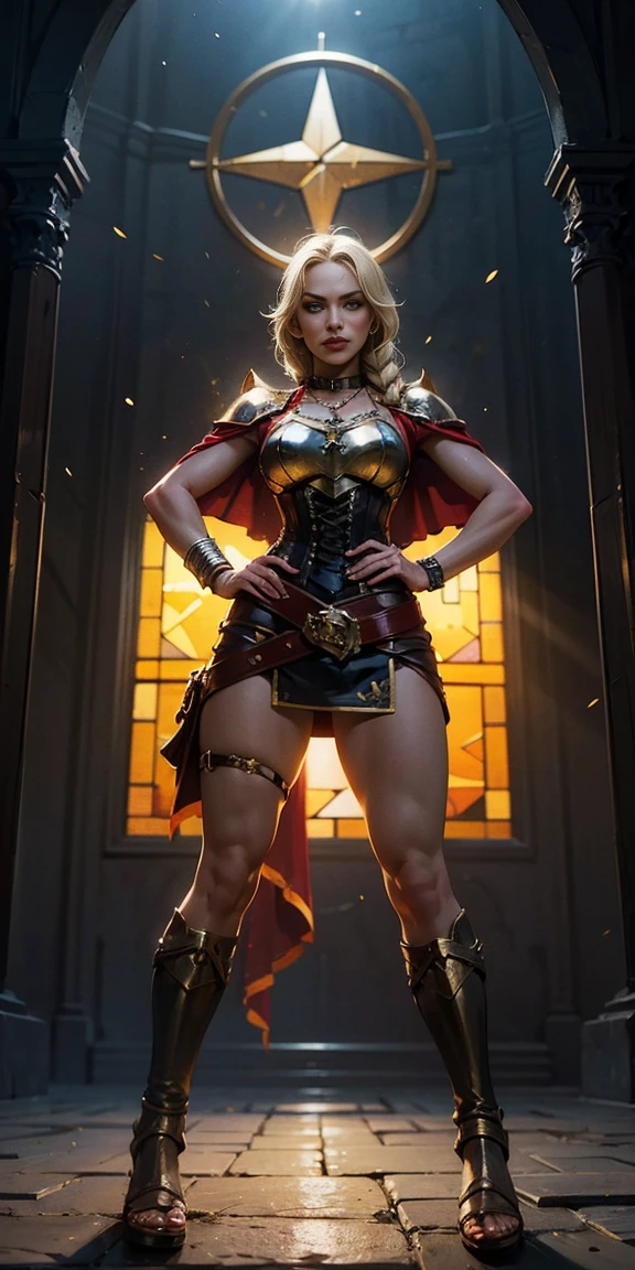 Paladin lady Chinese face wearing gorgeous golden armor, Black Collar, Scapula, Breastplate, Corset, Glowing Halo, Single Braid, Blonde, Glowing eyes, smart student, Eyes Focus, Red Cape, Temple Interior, Stained Glass Windows, night, moonlight, particle, beam, Chromatic Aberration, (whole body, whole body. 1 solo (girl). warrior, Loincloth Standing, Hands on hips whole body, whole body. 1 solo (girl). warrior, Loincloth Standing, Hands on hips, Metal sandals, Backpack, Necklace, Big belt, Watch from below, Bring your feet together, Wristband, Headdress)