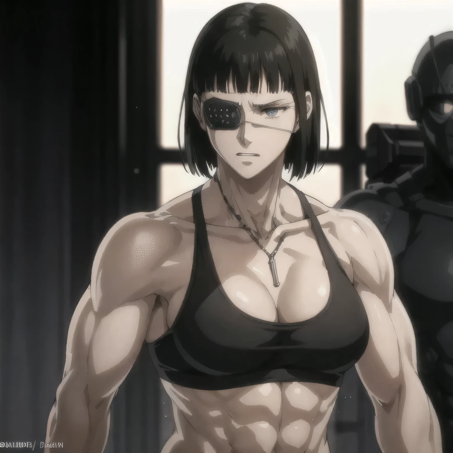 best quality,ultra-detailed,realistic:1.37),musclaur badass girl with sculpted body with preview her musclaur body and six-pack, full review of the female character's face and body, intense expression, strong and confident posture, studio lighting, vivid colors, physiologically-based rendering, grungy texture, rugged background, dust particles in the air, commanding presence, professional, powerful, gritty aesthetics,,Valmet،short hair,necklace,Light reflection on shoulders,clean muscles،wearing black underwear and gray gym tank top,tattoos on shoulders،muscles review( girl solo),eyepatch,Shining muscles,eyes detailing,fat free body,veins in muscles,penis growth inside underwear,Photo session,Matching remix