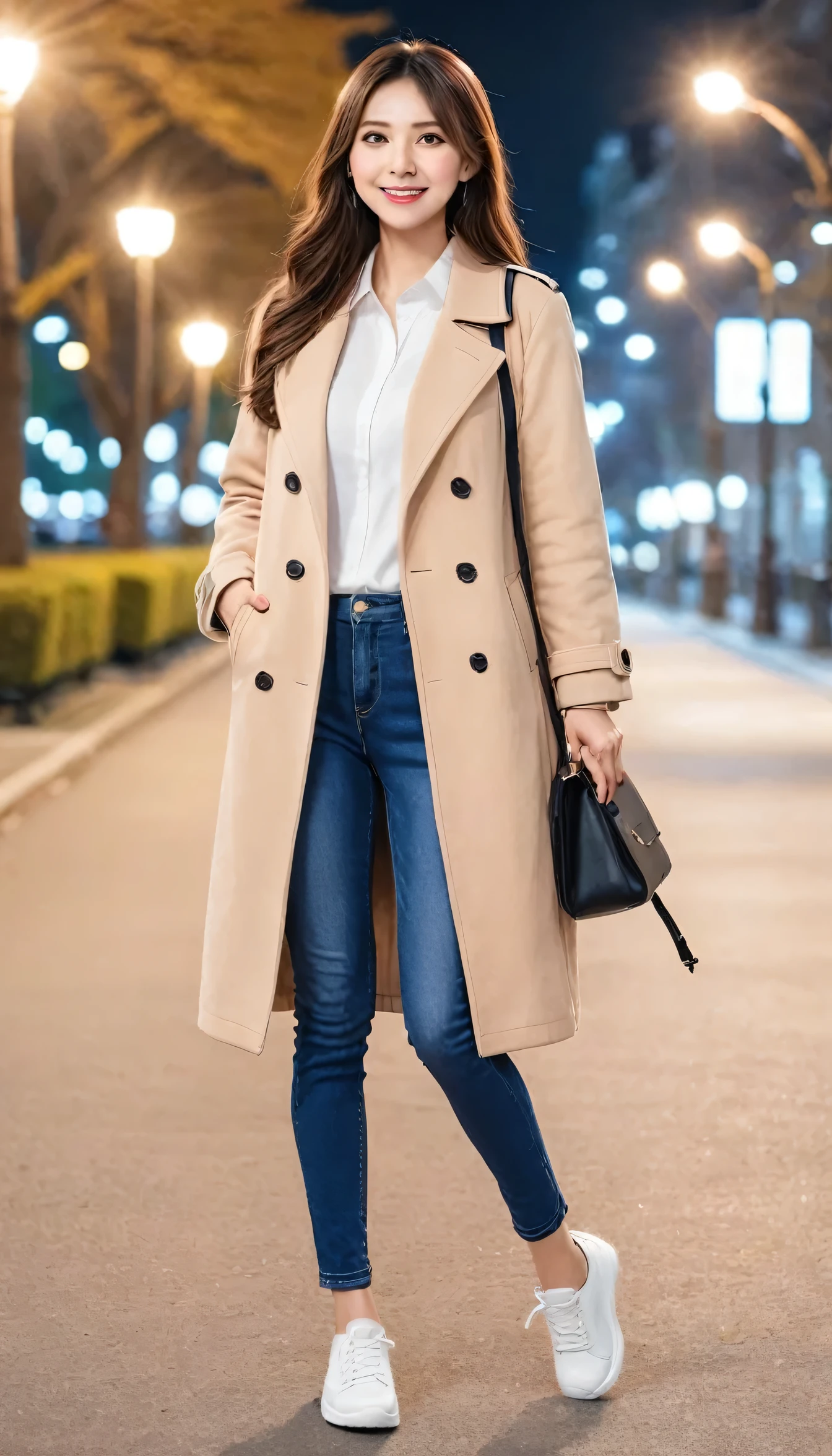 high quality,16K:1.1),(Depth of written boundary:1.3) ,Full body photo、Standing woman、smile、Wearing a coat、shirt、Skinny jeans、sneakers、View your viewers:1.3),(Full Body Shot:1.2),Background is a park at night
