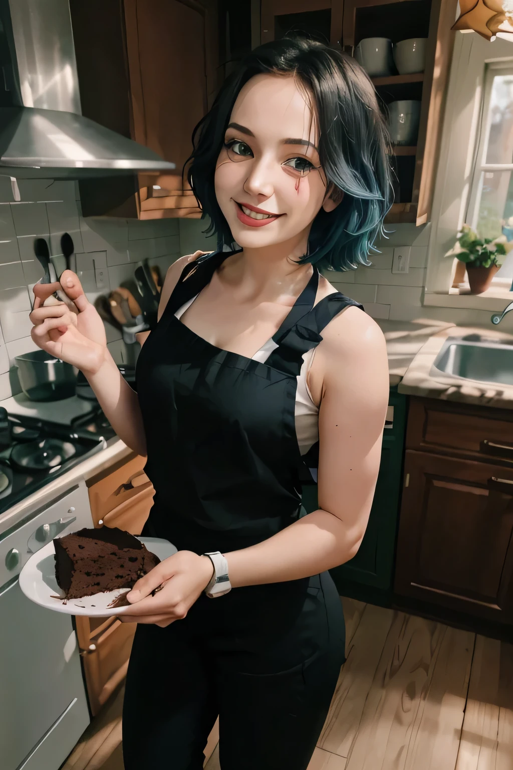 blue hair, green eyes, pale skin, wearing a tank top, black apron, leggings, looking at viewer, smiling, happy, blush,
standing inside a homely kitchen, holding a plate with a large chocolate cake,  extreme detail, hdr, beautiful quality, short hair, sexy