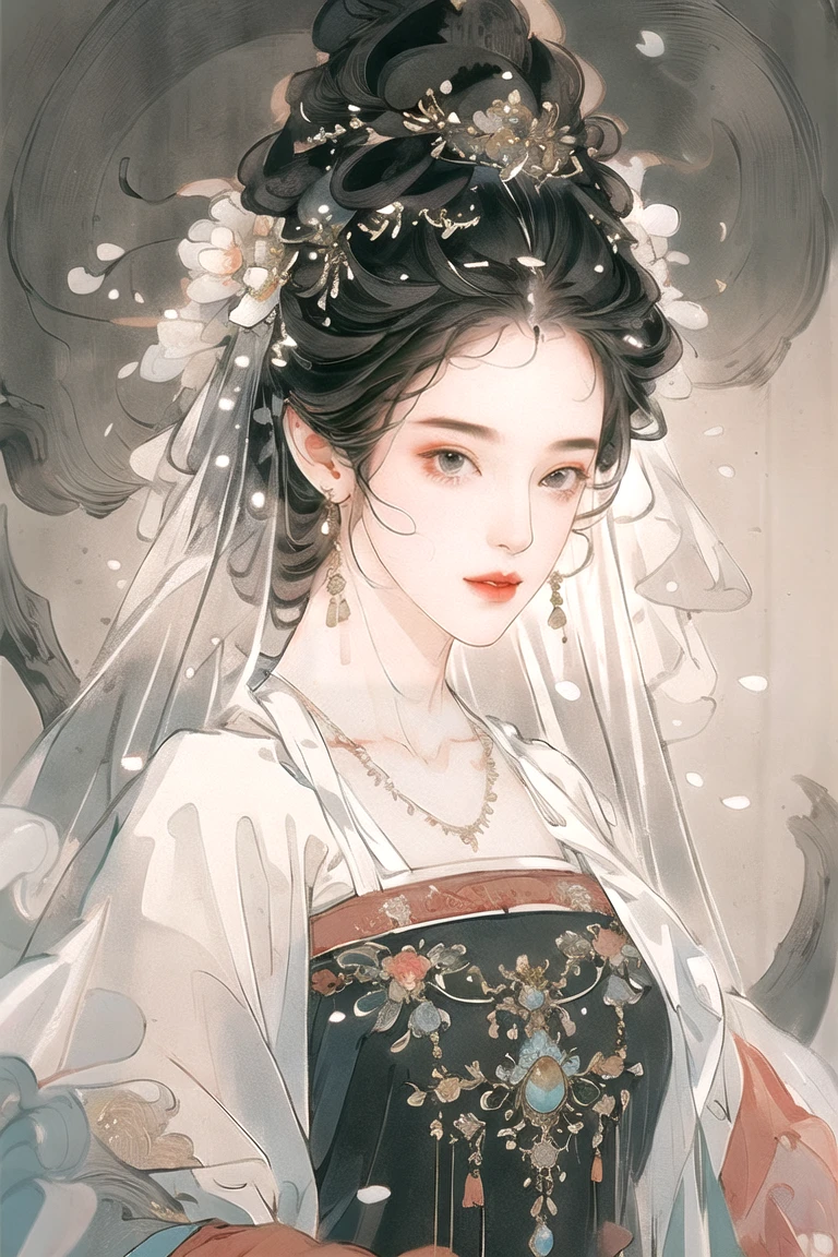 (masterpiece), best quality, best quality, Highly detailed CG Unity 8k wallpaper, Original, high resolution, (Depth of Field: 1.5), Honesty: 1.3, Chest, bride portrait style, 1 girl, curtain, veil , bridal veil, Wedding dress, curtain, Jewelry, Solitary, earrings, teeth, bride, Black_hair