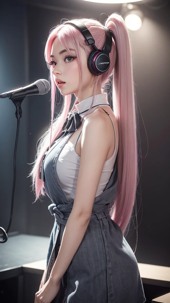 (A photo of a beautiful girl in fashionable casual clothes singing into a microphone with headphones on in a recording studio was posted on social media.) (The beautiful girl is 17 years old, 18% Japanese, 26% French, and 56% Ukrainian, 178 cm tall, small bust but good style, with a beautiful, well-balanced figure.) (Her hair is pink ash gray and super long, tied in twin tails with black ribbons and curled in a spiral toward the end.) (Her eyebrows are the same color as her hair, thin, slightly thick and short, and her eyelashes are long.) (Her large blue eyes reflect the light of the lighting and are amazingly beautiful like pearls.) (Her nose is high like an English person, her lips are plump and shaped so that you want to kiss them, her skin is translucent white, and the balance between her head and face is in line with traditional Japanese aesthetics.) Her hands must have five fingers. Moreover, even her nails are very delicately depicted. (Single, Masterpiece, Ultra Detailed, Highest Quality, Artistic Composition, Ultra Precision, Realistic, Photorealistic, High Resolution, Dynamic Lighting Effects, Golden Ratio, Surreal). Try your best to meet all these criteria.