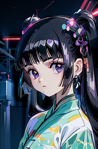 An adult 18-year old Tomoyo Daidouji with (midnight black hair) and (pale violet eyes), wearing a (dark green cyberhanfu),  technogear, glittering neon on a Chinese dress, glittering neon blue and red hairpins, a cowboy shot, exposed midriff