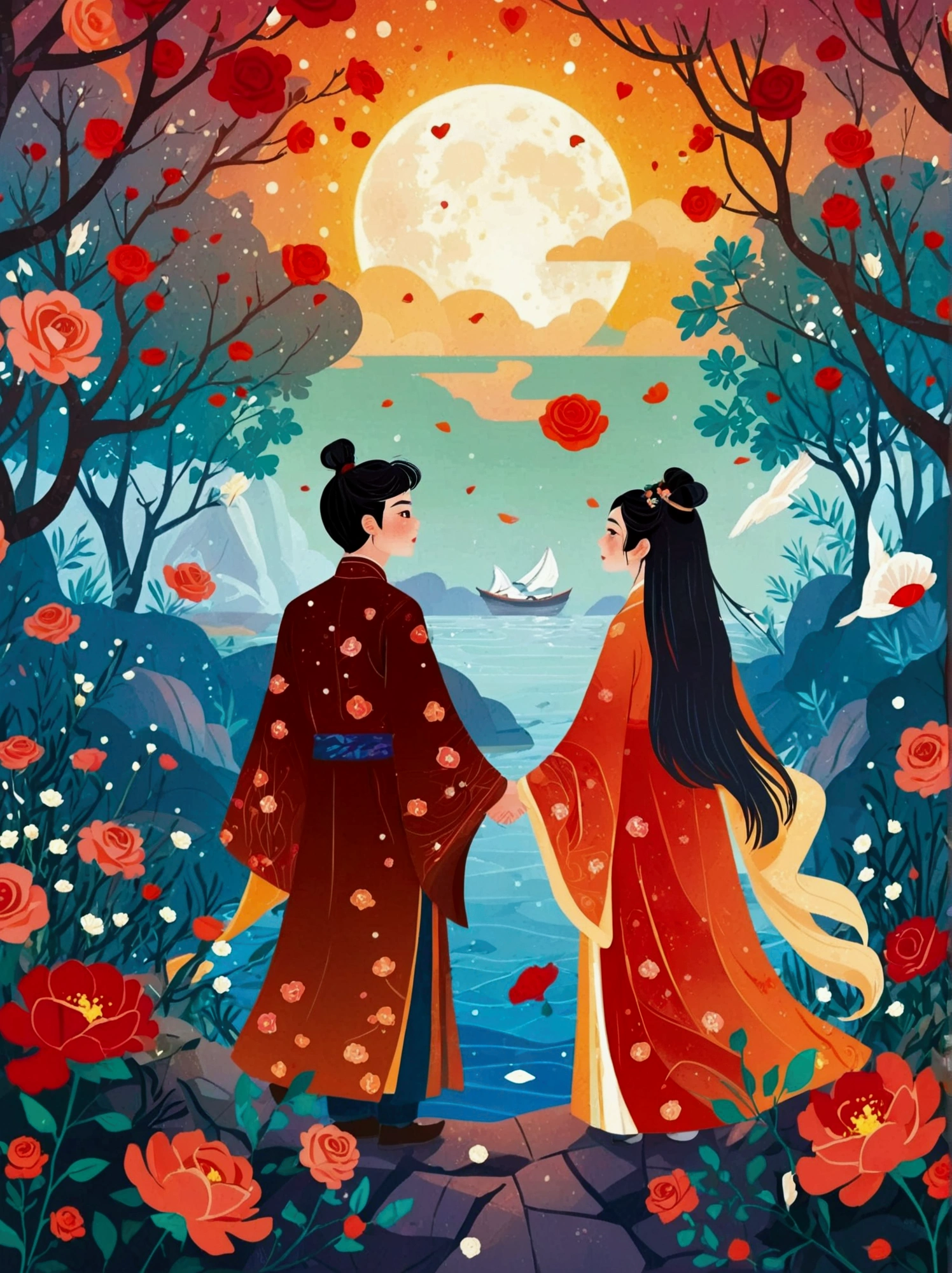 (8k，Bright colors，Bright，Ultra high saturation，rgb, Colorful), Cartoon,Character Design, Surreal photos，A poster for the ”Chinese Valentine‘s Day“ festival, featuring an ocean scene with roses floating on it and silhouettes of two people holding hands in traditional costumes. the moonlit sky is decorated with red flowers. At night, a huge sun rises from behind the clouds, casting light over everything around in the style of traditional，The background is a magical forest full of spirituality，Create soft、Flowing atmosphere。Beautiful overall composition，microorganism，plant，Marine Life，Exquisite eyes，Starry Sky，Abstract mosaic painting，Describing the inner world of autistic people，Sense of space，White space，interesting，Innocence，Psychedelic Art，可爱的Q版Cartoon风格，Simple background，Colorful illustrations, Bright colors, Full body image, HD, High-resolution images in a Q-version style