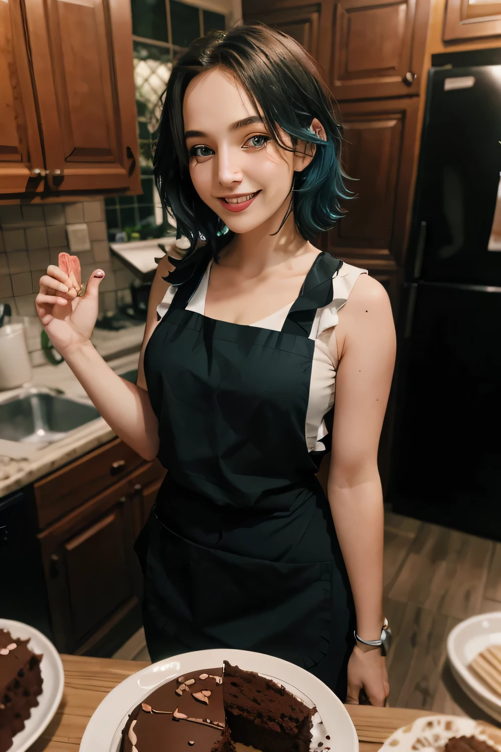 blue hair, green eyes, pale skin, wearing a tank top, black apron, leggings, looking at viewer, smiling, happy, blush,
standing inside a homely kitchen, holding a plate with a large chocolate cake, extreme detail, hdr, beautiful quality, short hair, sexy