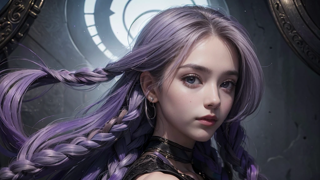 (Numerous prize-winning works, With incredible details), ((Extremely beautiful face)), (Extremely detailed realistic facial features), (beautiful eyes), ((finely detailed true circle symmetrical gray purple eyes)), (She has a meloncholic face), (A majestic vision), very long blue braided hair,