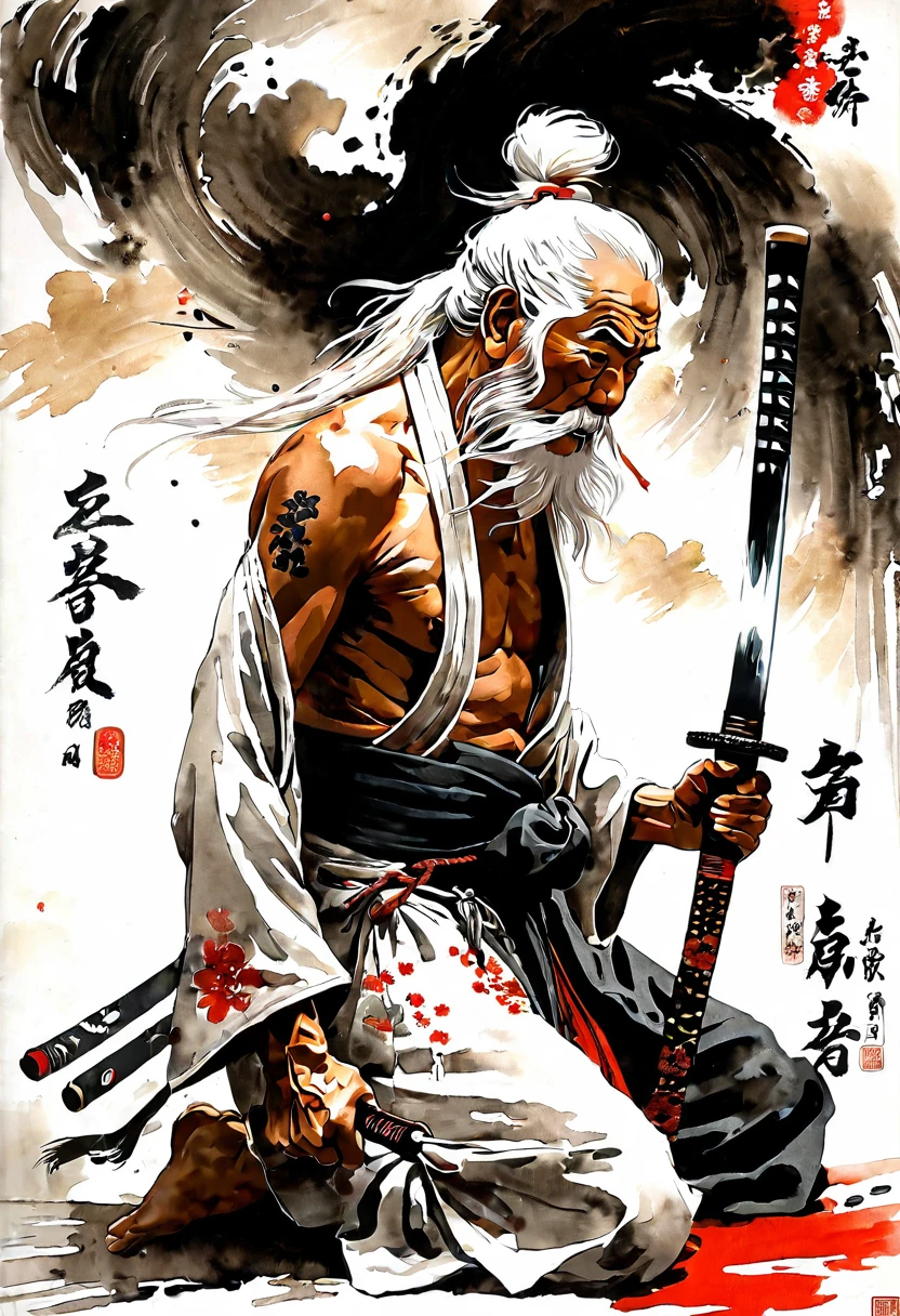 Black and White,Ink Painting,historic, elder, warrior,Wounded,Shirtless, Japanese sword, Long white hair, Long white beard，warrior,Grandpa, burst，Kneeling，Seppuku is committing suicide
