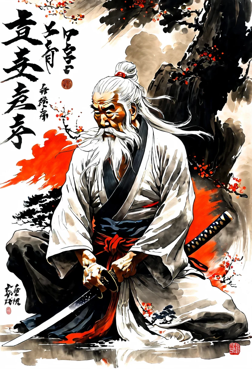 Black and White,Ink Painting,historic, elder, warrior,Wounded,Shirtless, Japanese sword, Long white hair, Long white beard，warrior,Grandpa, burst，Kneeling，Seppuku is committing suicide
