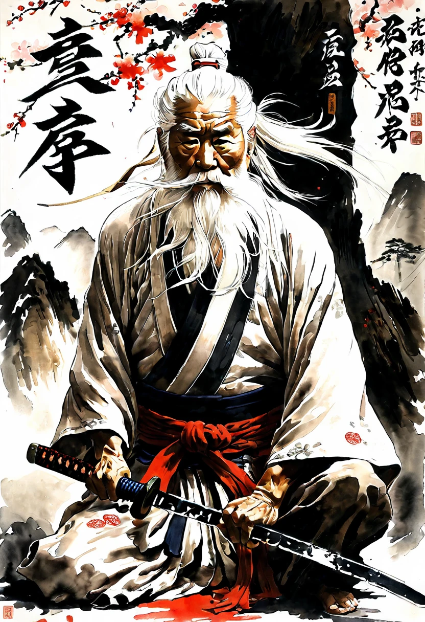 Black and White,Ink Painting,historic, elder, warrior,Wounded,Shirtless, Japanese sword, Long white hair, Long white beard，warrior,Grandpa, burst，Kneeling，Seppuku is committing suicide
