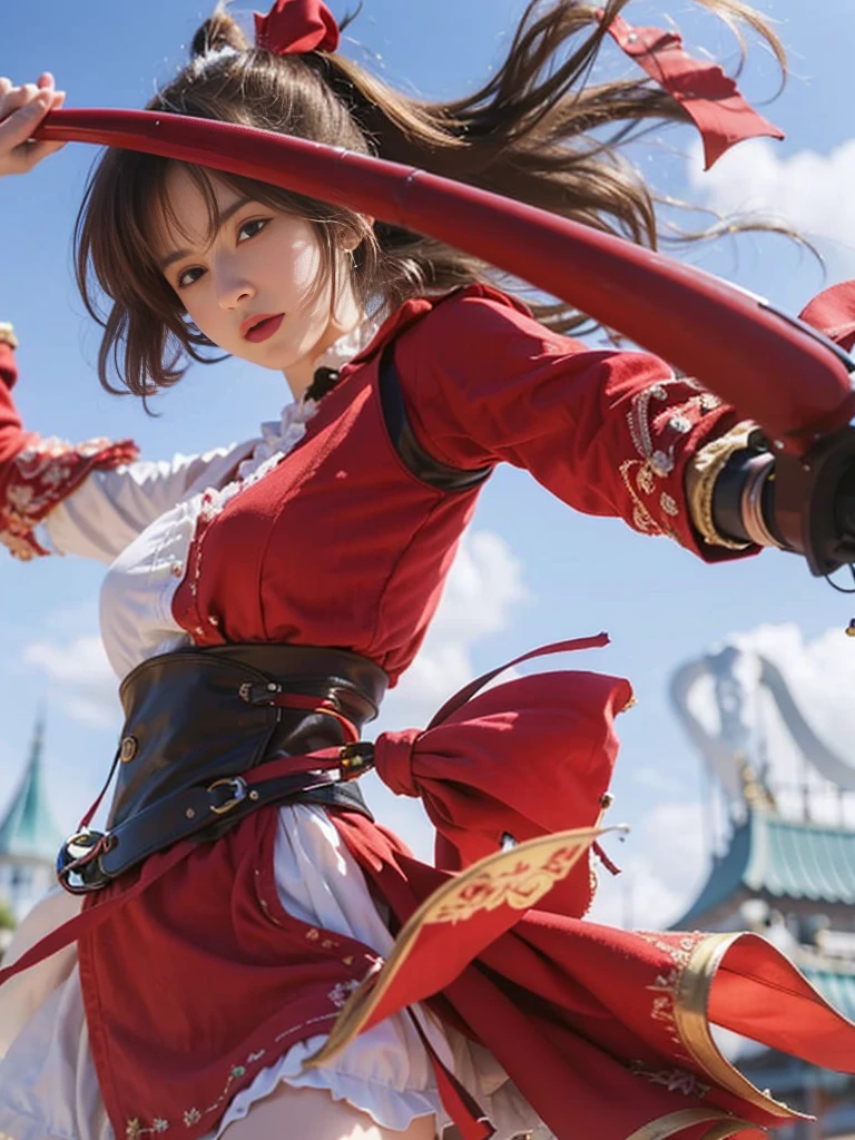 (8k, best quality, masterpiece:1.2), (realistic, photo-realistic:1.37), realistic fingers, ultra-detailed, detail fingers, A detailed portrait of 1 girl 21 year old, maid outfit, holding a cannon, beautiful girl, british girl, pale skin, perfect body, blue eyes, blond hair. The scene is illuminated with professional lighting, photon mapping, and radiosity, with Tetsuya Nomura Style. Blur bokeh effect, realistic light.