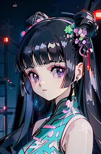 An adult 18-year old Tomoyo Daidouji with (midnight black hair) and (pale violet eyes), wearing a (dark green sleeveless cyberhanfu), (bare shoulders), technogear, glittering neon on a Chinese dress, glittering neon blue and red hairpins, a cowboy shot, exposed midriff