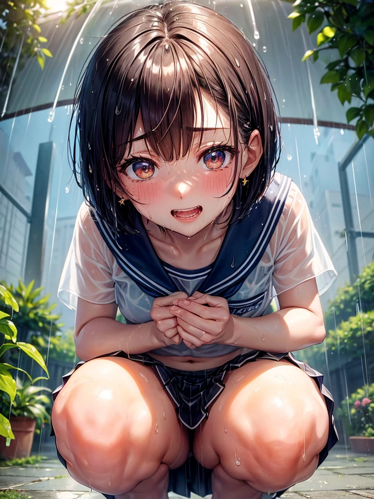 (highest quality)), ((masterpiece)), (family friendly), Perfect Face,Shiny skin,Beautiful breasts,Shiny skin、Kyoto Animation style painting、(((Short Bob)))、、(((Double teeth)))、Sunburned skin、night、
、Belly button、、{school uniform,Short sleeve shirt,BREAK,(Checked skirt:1.2),、(((See-through)))、(((sweat)))、(((Wet)))、(((Close Contact)))、(((rain、garden)))、(((close)))、Star-shaped earrings、accessories、(((squatting)))、looking at viewer、(((from below)))、(((all fours)))
