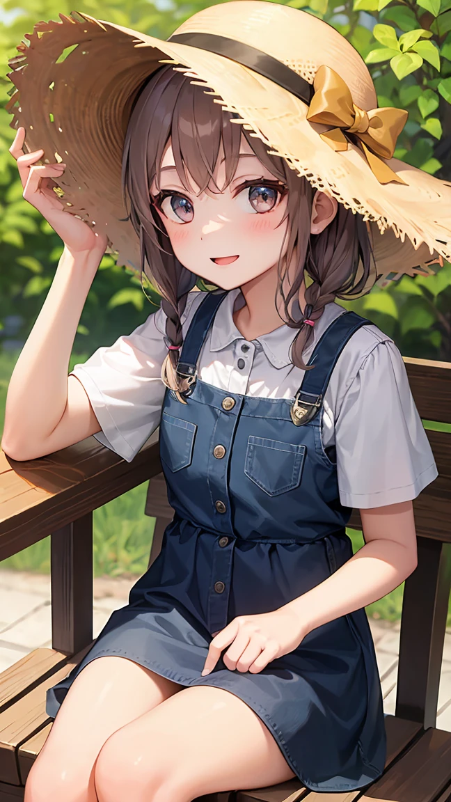 A girl around 10 years old is wearing a straw hat.。Smiling。I'm wearing a skirt。Wearing a water bottle。Composition from knee to top of head。Walking along a country road。High resolution and high image quality。