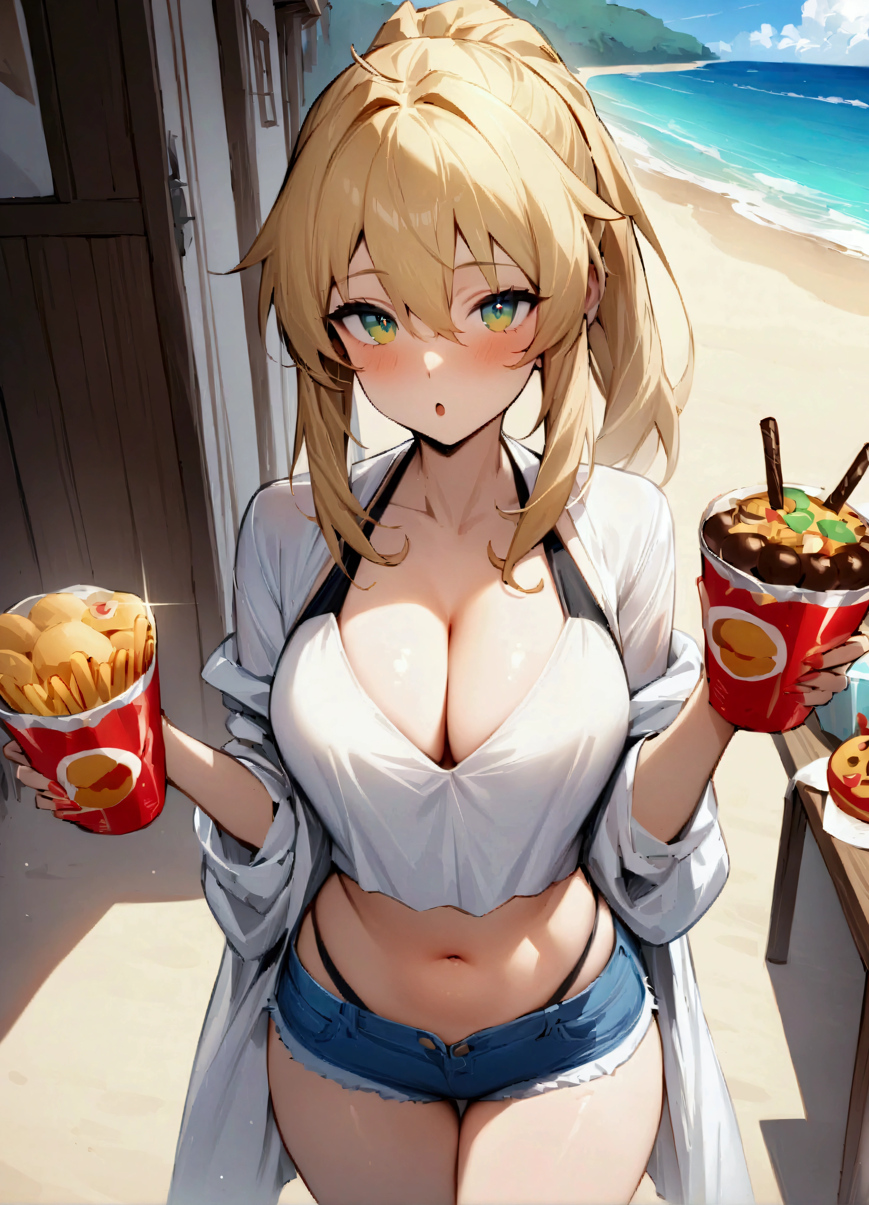 (masterpiece:1.4), (Highest quality:1.4), Beach House、One girl, Artoria Pendragon \(destiny\) , Short shorts, White shirt, Beach, Cleavage,Crop top、All-you-can-eat junk food、Incarnation of gluttony、His eyes are shining、Sparkling、Haguhagu