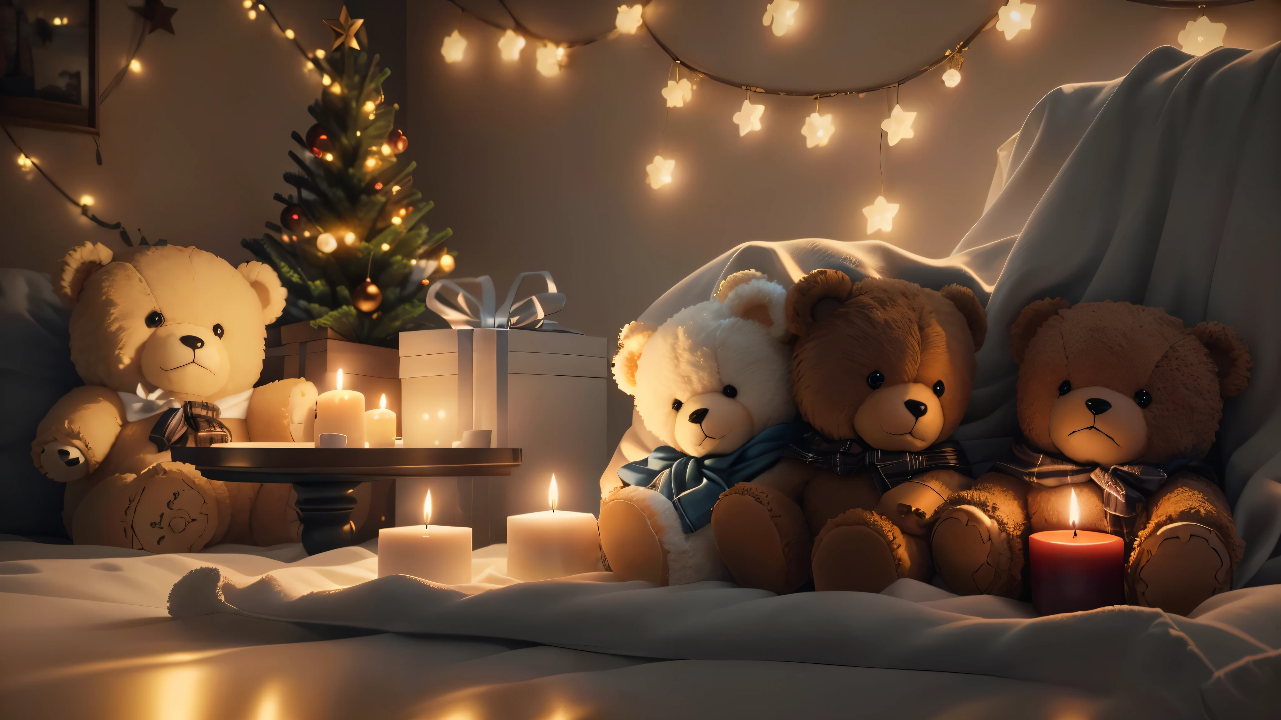 There are two teddy bears sitting on a blanket with a candle, Cozy candlelight, Cozy home background, cozy wallpaper, Cute 3D rendering, v-rayでレンダリング, Cozy environment, Cozy atmosphere, Christmas Night, Pleasant lighting, Night atmosphere, Cozy atmosphere, Vray 8K Rendering, Unreal Engine ; Romantic Theme, Realistic soft lighting, Highly detailed soft lighting、Cute Animals