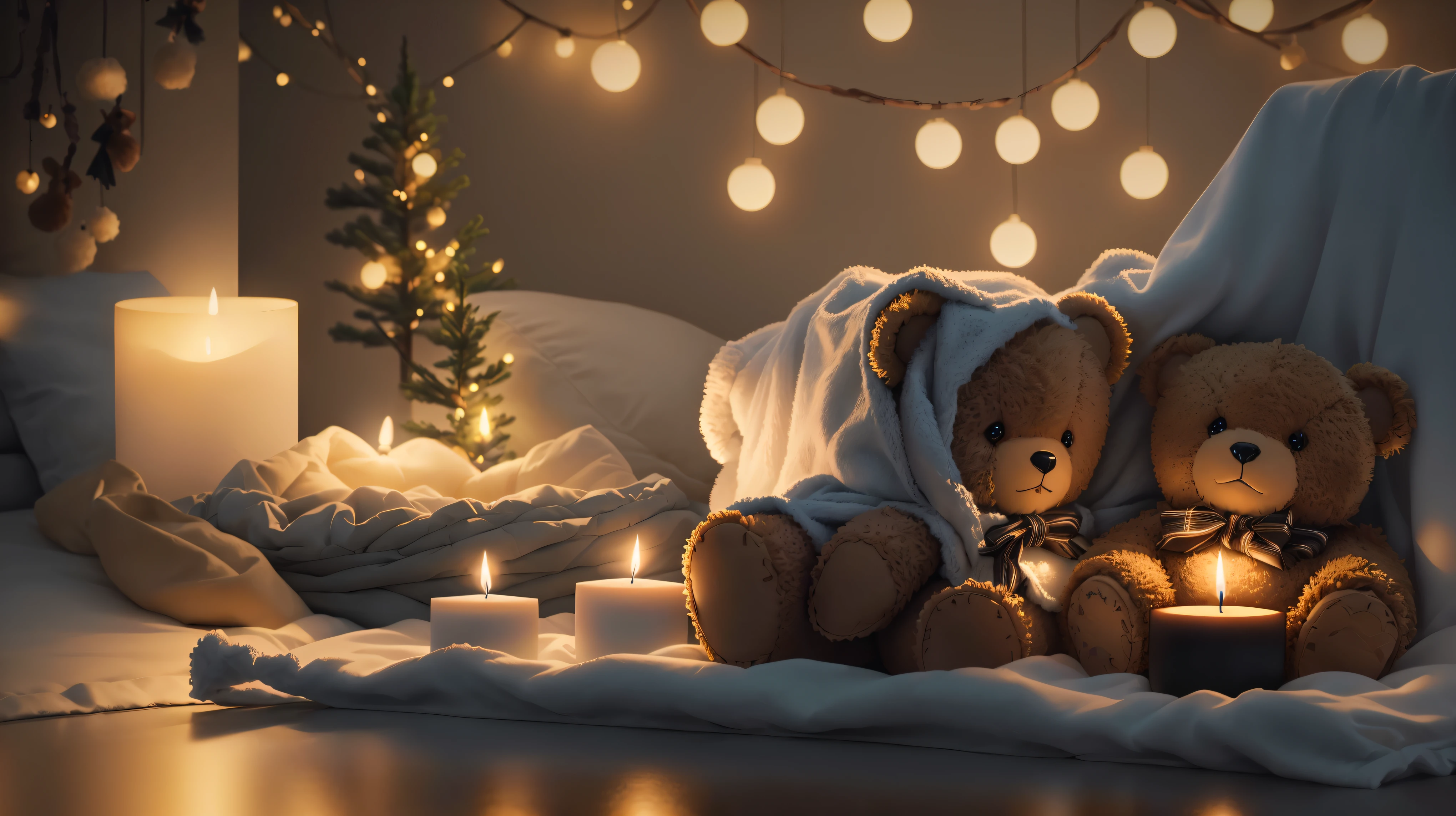 There are two teddy bears sitting on a blanket with a candle, Cozy candlelight, Cozy home background, cozy wallpaper, Cute 3D rendering, v-rayでレンダリング, Cozy environment, Cozy atmosphere, Christmas Night, Pleasant lighting, Night atmosphere, Cozy atmosphere, Vray 8K Rendering, Unreal Engine ; Romantic Theme, Realistic soft lighting, Highly detailed soft lighting、Cute Animals