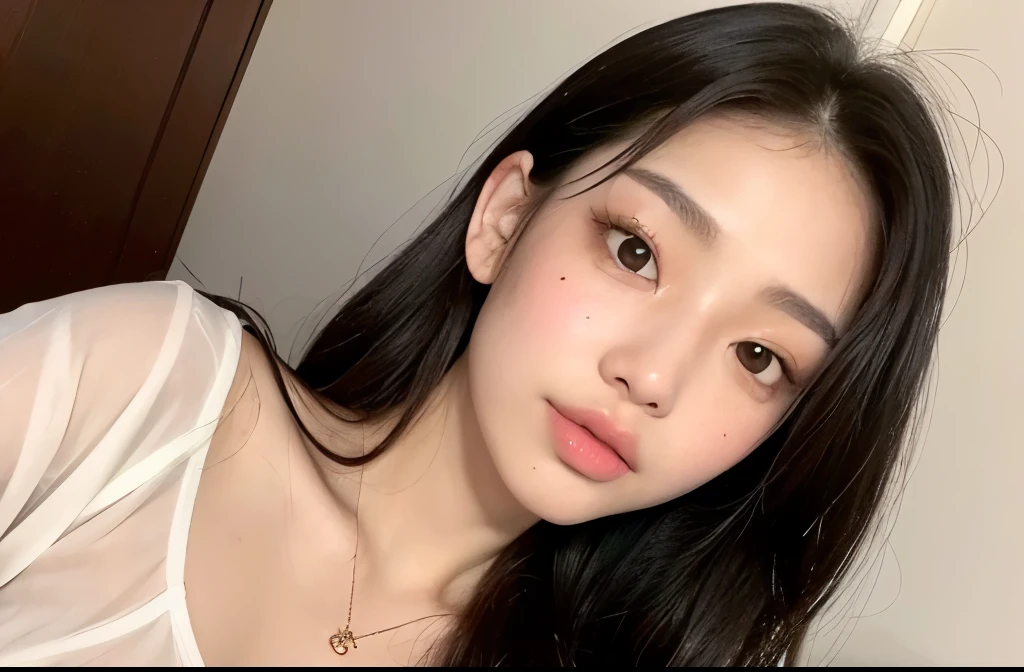 Kim Jennie with black hair, with curls, Brown eyes, pretty eyes, He, pretty lips, pink lips, Heart and cupid shaped lips, Beautiful skin, pale white skin, with moles and freckles all over his face, soft pink blush on cHeeks, douyin makeup, popular korean makeup, with a necklace, while wearing a white shirt, with summer shorts, thin abdomen, (big breasts, deep neckline), VHS style photo, old picture, autophoto, looking to tHe camera