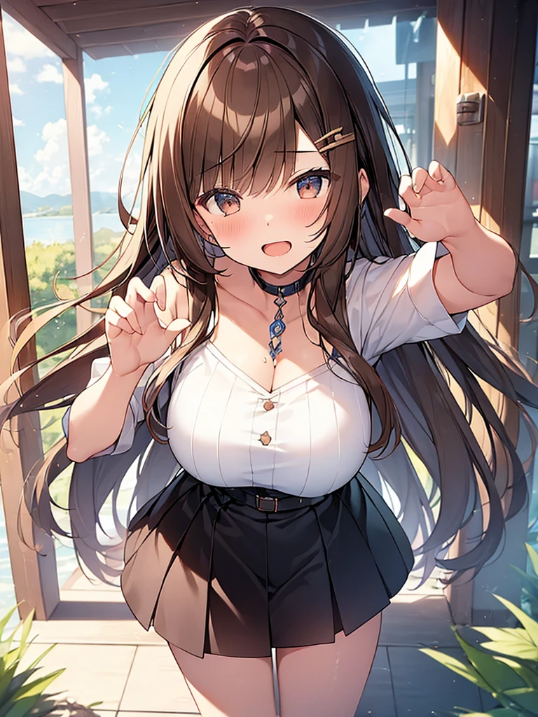 (Masterpiece, Top quality: 1.5), (1 girl, solo), large breasts, standard weight, (brown hair:1.3), (airy hair, wavy hair), long hair ,asymmetry bangs, swept bangs, 15 year old, happy:1.1, flustered:1.2, casual fashion with various color and many gorgeous and colorful decorations, Various Situations:1.2, (dynamic angle:1.3), (Various pose:1.3), magnificent panorama view, open mouth, summer:1.2, __items__ __items__ __items__,