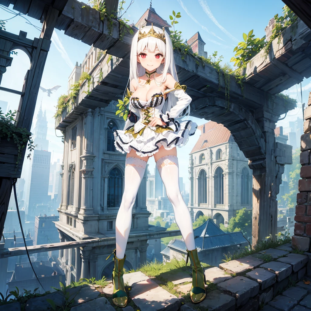 solo, standing skinny girl, long white hair, (white frilled white dress), (very short dress), (white frilled white tops), sheer dress, bared shoulders, too tight corset, white thighhighs, white thigh strap, BREAK, red eyes, BREAK, golden tiaras, carrying a saber at her waist, BREAK, (show off large perky breasts), cleavage, collarbone, BREAK, skinny long legs, show off thigh gap, hand on hip, BREAK, smile for viewer, (nsfw:0.5), slipping vagina, areolae slip