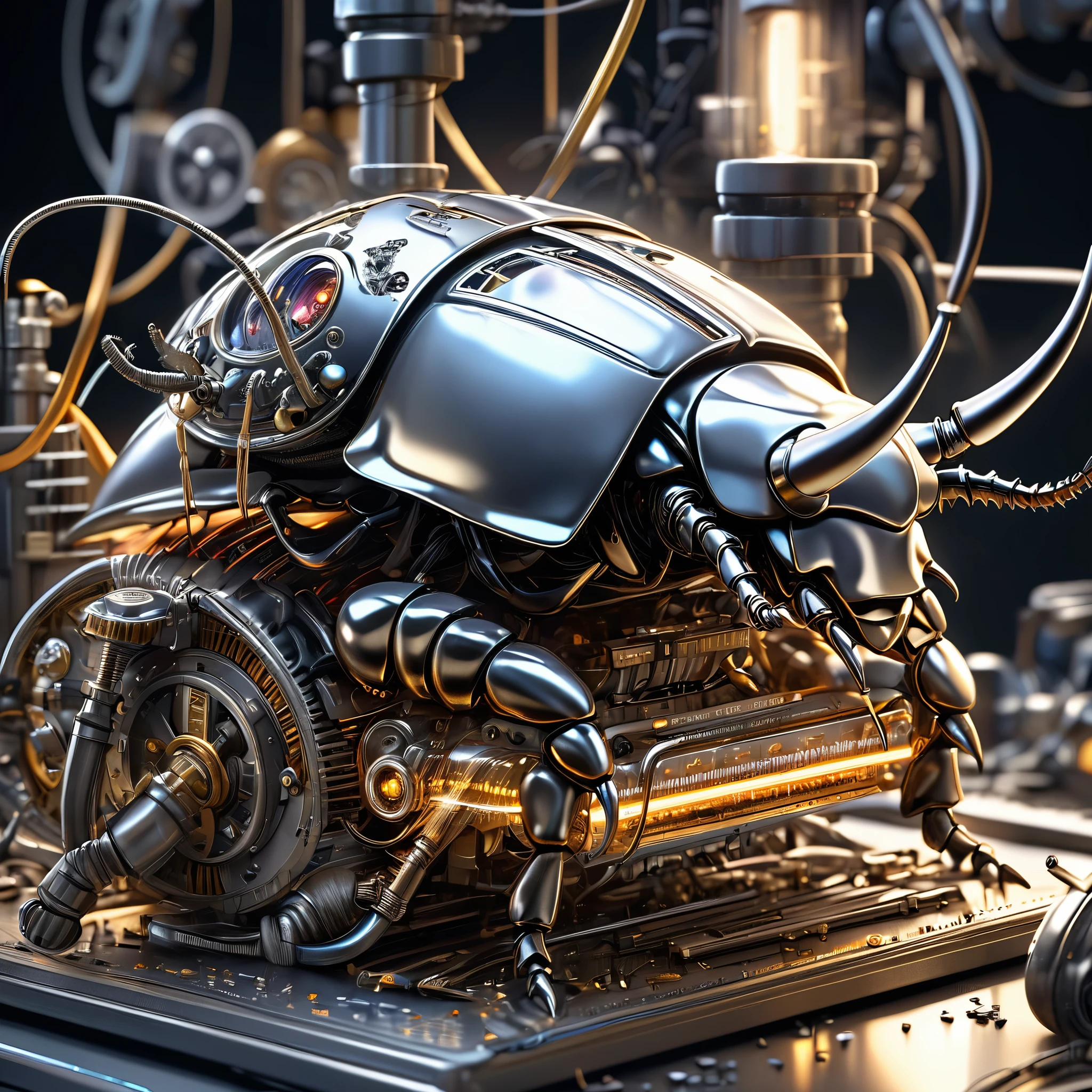 mechanical creatures, Rhinoceros beetle, precision instruments, machines, machine parts, LEDs, wire cables, (ultra detailed, absolutely resolution, best quality:1.3), 2.5D, delicate and dynamic, artistic photography, hyper realistic, graphic CG digital art
