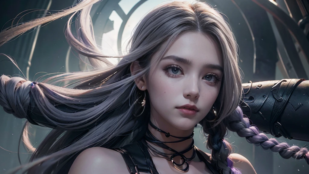 (Numerous prize-winning works, With incredible details), ((Extremely beautiful face)), (Extremely detailed realistic facial features), (beautiful eyes), ((finely detailed true circle symmetrical gray purple eyes)), (She has a meloncholic face), (A majestic vision), very long blue braided hair,