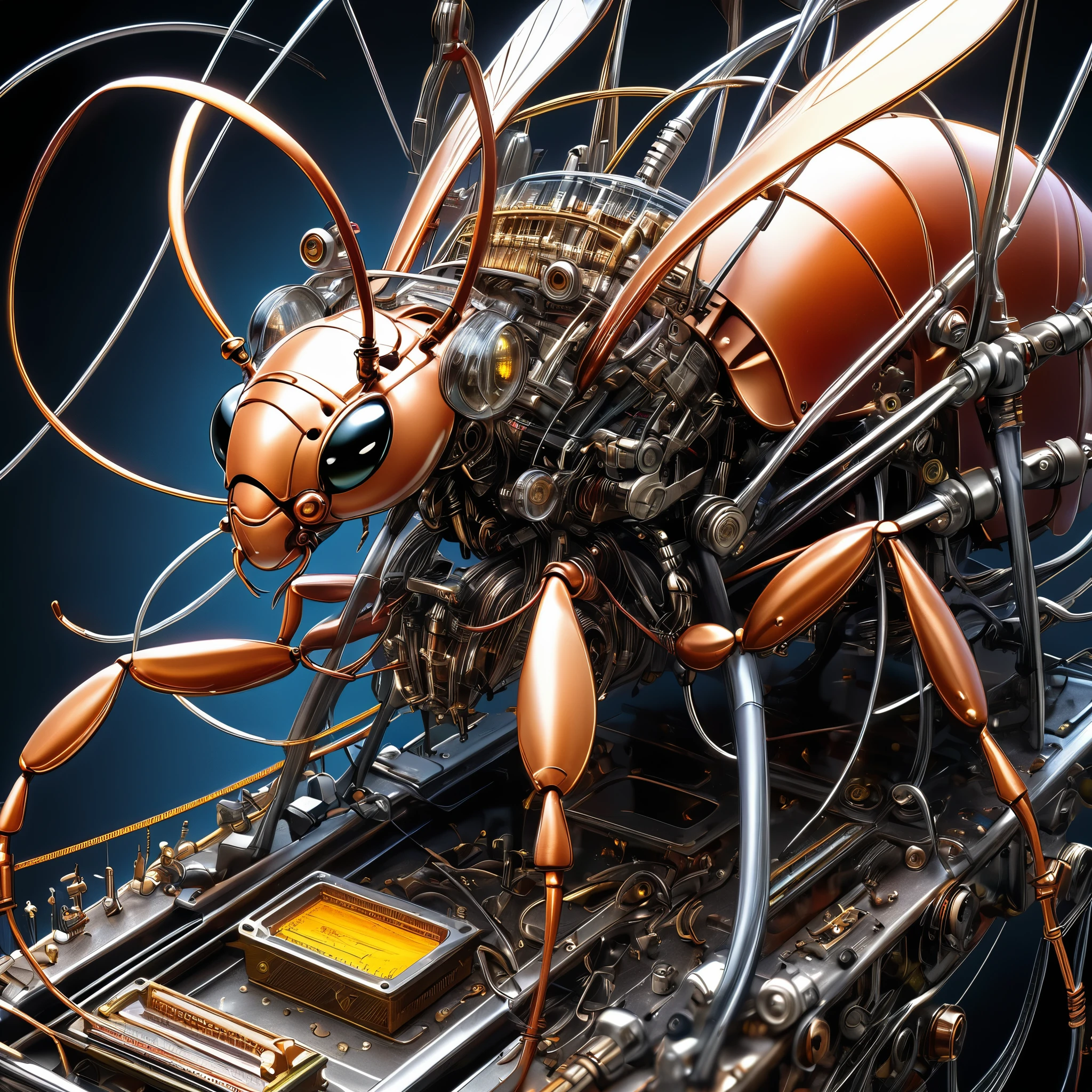 mechanical creatures, ant, precision instruments, machines, machine parts, LEDs, wire cables, (ultra detailed, absolutely resolution, best quality:1.3), 2.5D, delicate and dynamic, artistic photography, hyper realistic, graphic CG digital art
