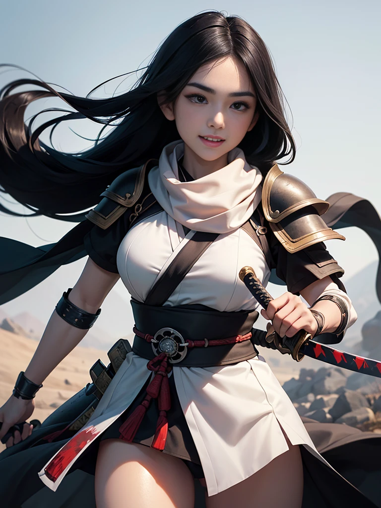 master piece,　best quality,　ultra detailed,　photorealistic,　voluptuous,　****ung girl,　fair skin,　pale skin,　long hair,　black hair,　smile,　mega breasts,　gorgeous bluck kimono,　cowboy shot,　looking up,　white background,　(Japanese SAMURAI Armor：1.4),　(Black armor:1.2)、No exposed skin、(Wearing a long white scarf:1.2)、(gripping katana sword:1.2), Samurai, fighting stance 、Thick eyebrows、Slit eyes, (long bloodstained sword:1.2),  disheveled long black hair、A proud, black-haired beauty standing on the battlefield beloved by the God of War.、　A beautiful woman dominates the battlefield with a single sword