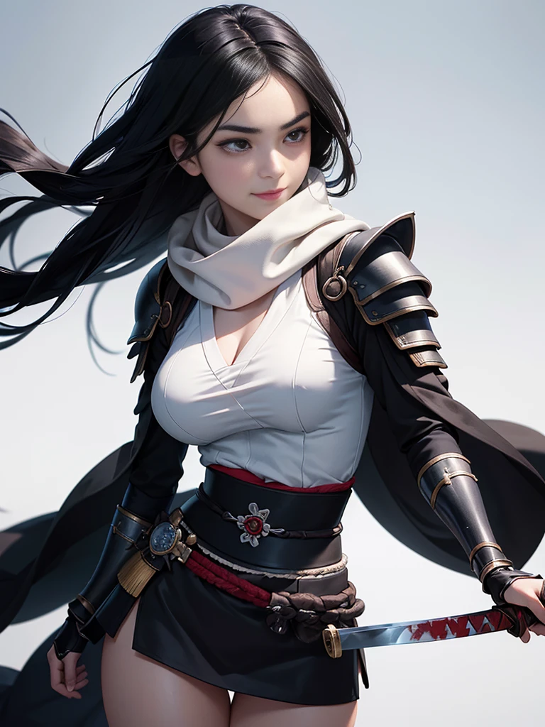 master piece, best quality, ultra detailed, photorealistic, voluptuous, ung girl, fair skin, pale skin, long hair, black hair, smile, mega breasts, gorgeous bluck kimono, cowboy shot, looking up, white background, (Japanese SAMURAI Armor:1.4), (Black armor:1.2)、No exposed skin、(Wearing a long white scarf:1.2)、(gripping katana sword:1.2), Samurai, fighting stance 、Thick eyebrows、Slit eyes, (long bloodstained sword:1.2), disheveled long black hair、A proud, black-haired beauty standing on the battlefield beloved by the God of War.、 A beautiful woman dominates the battlefield with a single sword