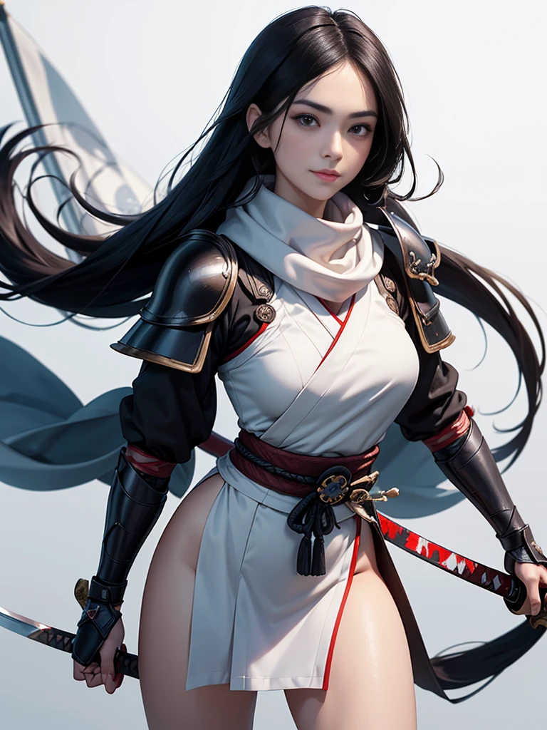 master piece,　best quality,　ultra detailed,　photorealistic,　voluptuous,　****ung girl,　fair skin,　pale skin,　long hair,　black hair,　smile,　mega breasts,　gorgeous bluck kimono,　cowboy shot,　looking up,　white background,　(Japanese SAMURAI Armor：1.4),　(Black armor:1.2)、No exposed skin、(Wearing a long white scarf:1.2)、(gripping katana sword:1.2), Samurai, fighting stance 、Thick eyebrows、Slit eyes, (long bloodstained sword:1.2),  disheveled long black hair、A proud, black-haired beauty standing on the battlefield beloved by the God of War.、　A beautiful woman dominates the battlefield with a single sword