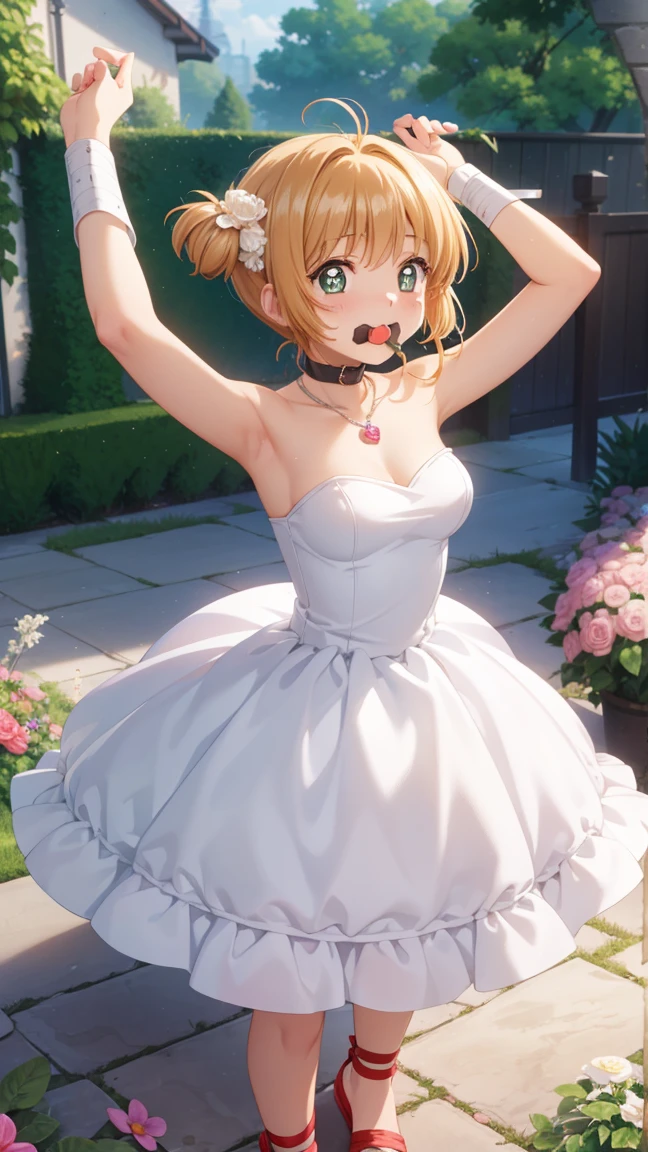 masterpiece, best quality, highres, 1girl, detailed face, blush, anime CG style, (medium breasts), (18 year old girl), good lighting, perfect body, sakura kinomoto, (tape gag), (tape bound), (arms bound), eyes wide, pupils dilated, garden, strapless wedding dress, necklace, jewelry, full body