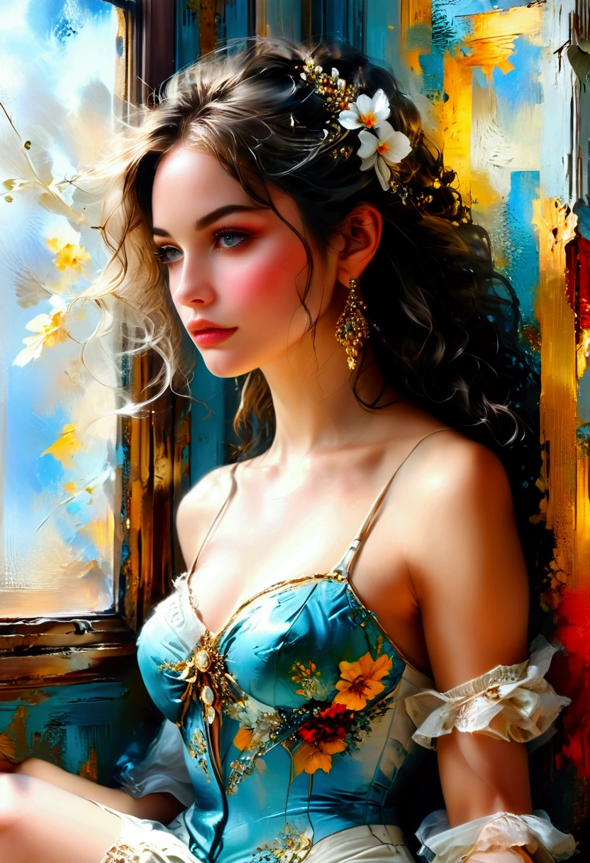 a painting of a woman sitting near a window, in the style of beautiful women, playfully intricate, heavy impasto, i can't believe how beautiful this is, romantic flair, close-up --ar 7:13 --stylize 750 --v 6