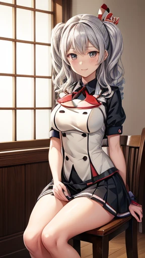 (masterpiece,best quality:1.4),(8k,raw photo,photo realistic:1.2),shiny skin,detailed skin,detailed face,detailed eyes,1girl,Japanese idol,beautiful face,Silver Hair,Kashima,He is wearing a uniform and sitting on a chair with a cane,, anime girl Cosplay, Rorish, akane owari danganronpa, anime maid nazi ss military, Kantai Collection Style, Cosplayer, anime Cosplay, Cosplay, Cosplay photo