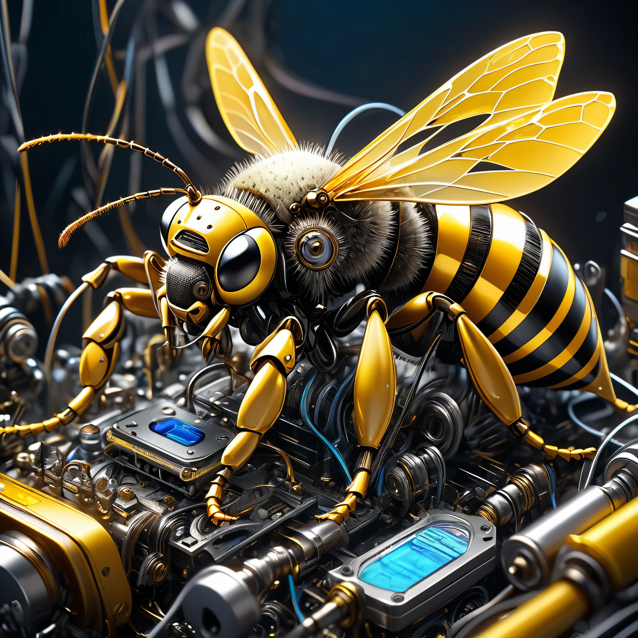 mechanical creatures, Bee, precision instruments, machines, machine parts, LEDs, wire cables, (ultra detailed, absolutely resolution, best quality:1.3), 2.5D, delicate and dynamic, artistic photography, hyper realistic, graphic CG digital art
