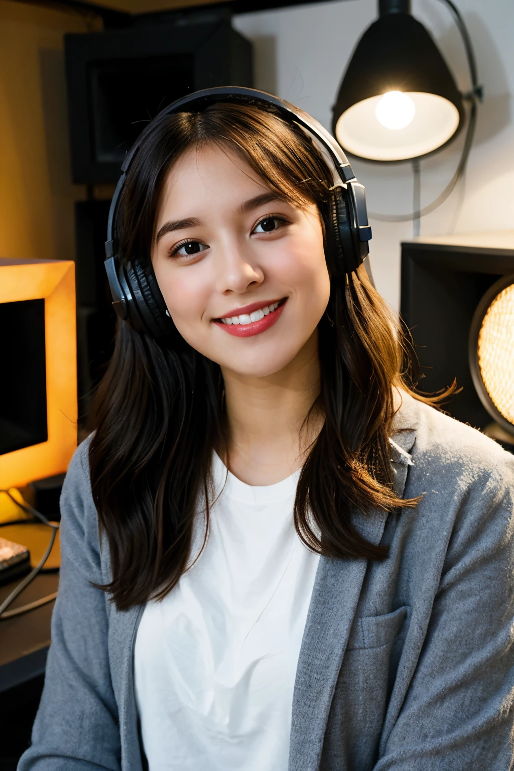 "A beautiful young girl, podcast host, is in the center of a modern, well-lit studio. She is excited and focused while hosting her show. She uses a professional microphone and high-quality headphones, and is dressed stylishly and casually. The studio is cozy and modern, with acoustic panels, soft lighting and some decorative elements related to the world of podcasting.