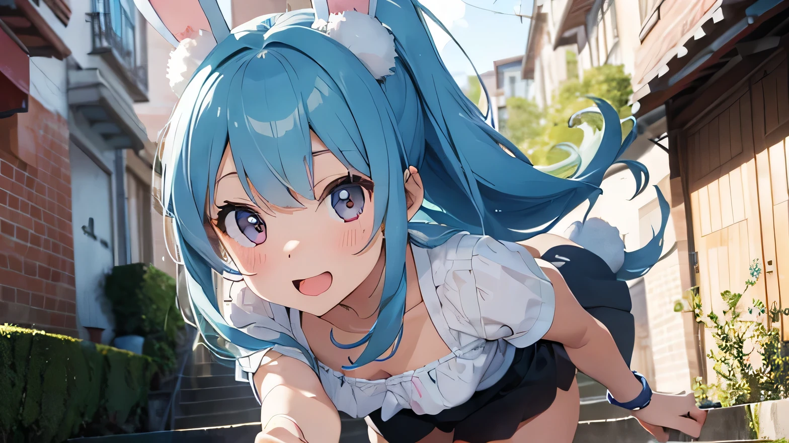 Highest quality, pretty girl, pastel colour, Fluffy bunny ears,Step up,Running up the stairs