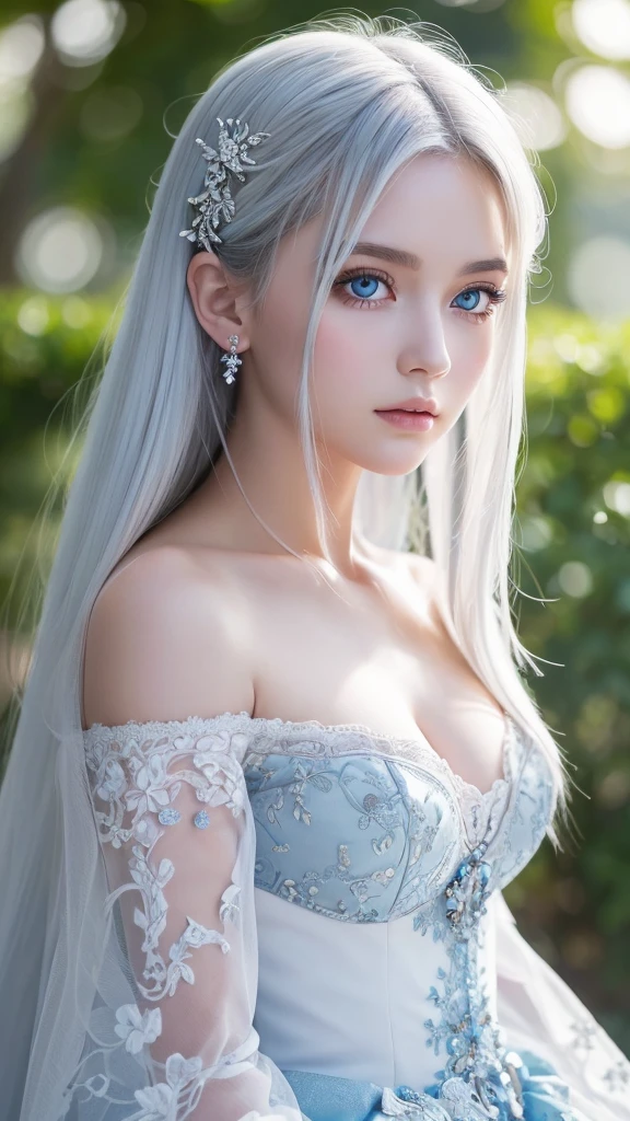 masterpiece, Highest quality, Very detailed, crystal, Intricate details, High resolution, Official Art, Beautifully detailed face and eyes, High resolutionの写真, 8k, Depth of written boundary, Bokeh, alone, One girl, White haired and blue eyed goddess, Long white hair, Beautiful red eyes, beautiful heaven, Upper Body, View your viewers,