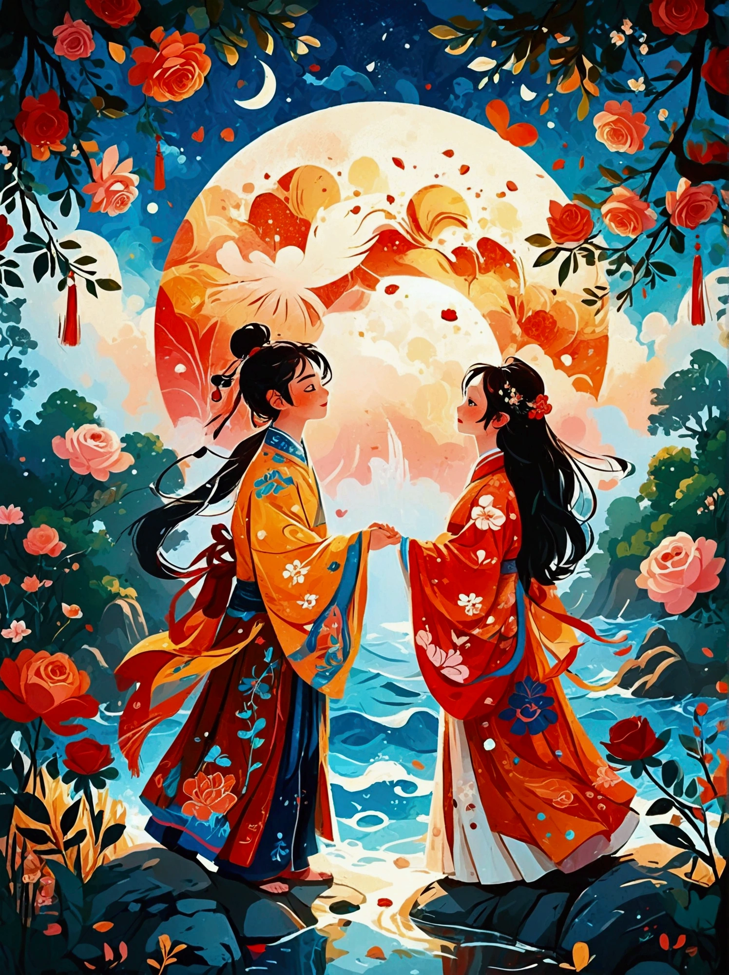 (8k，Bright colors，Bright，Ultra high saturation，rgb, Colorful), Cartoon,Character Design, Surreal photos，A poster for the ”Chinese Valentine‘s Day“ festival, featuring an ocean scene with roses floating on it and silhouettes of two people holding hands in traditional costumes. the moonlit sky is decorated with red flowers. At night, a huge sun rises from behind the clouds, casting light over everything around in the style of traditional，The background is a magical forest full of spirituality，Create soft、Flowing atmosphere。Beautiful overall composition，microorganism，plant，Marine Life，Exquisite eyes，Starry Sky，Abstract mosaic painting，Describing the inner world of autistic people，Sense of space，White space，interesting，Innocence，Psychedelic Art，可爱的Q版Cartoon风格，Simple background，Colorful illustrations, Bright colors, Full body image, HD, High-resolution images in a Q-version style