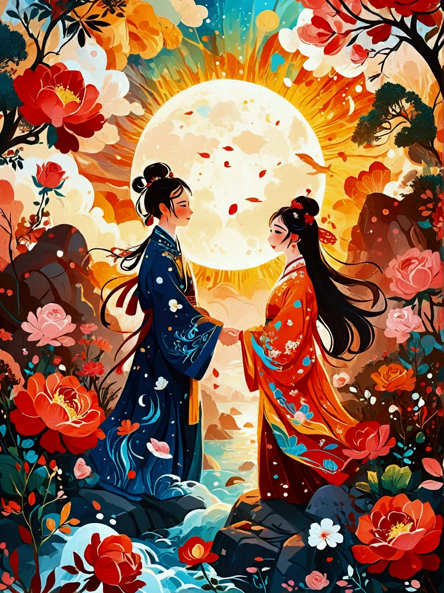 (8k，Bright colors，Bright，Ultra high saturation，rgb, Colorful), Cartoon,Character Design, Surreal photos，A poster for the ”Chinese Valentine‘s Day“ festival, featuring an ocean scene with roses floating on it and silhouettes of two people holding hands in traditional costumes. the moonlit sky is decorated with red flowers. At night, a huge sun rises from behind the clouds, casting light over everything around in the style of traditional，The background is a magical forest full of spirituality，Create soft、Flowing atmosphere。Beautiful overall composition，microorganism，plant，Marine Life，Exquisite eyes，Starry Sky，Abstract mosaic painting，Describing the inner world of autistic people，Sense of space，White space，interesting，Innocence，Psychedelic Art，可爱的Q版Cartoon风格，Simple background，Colorful illustrations, Bright colors, Full body image, HD, High-resolution images in a Q-version style