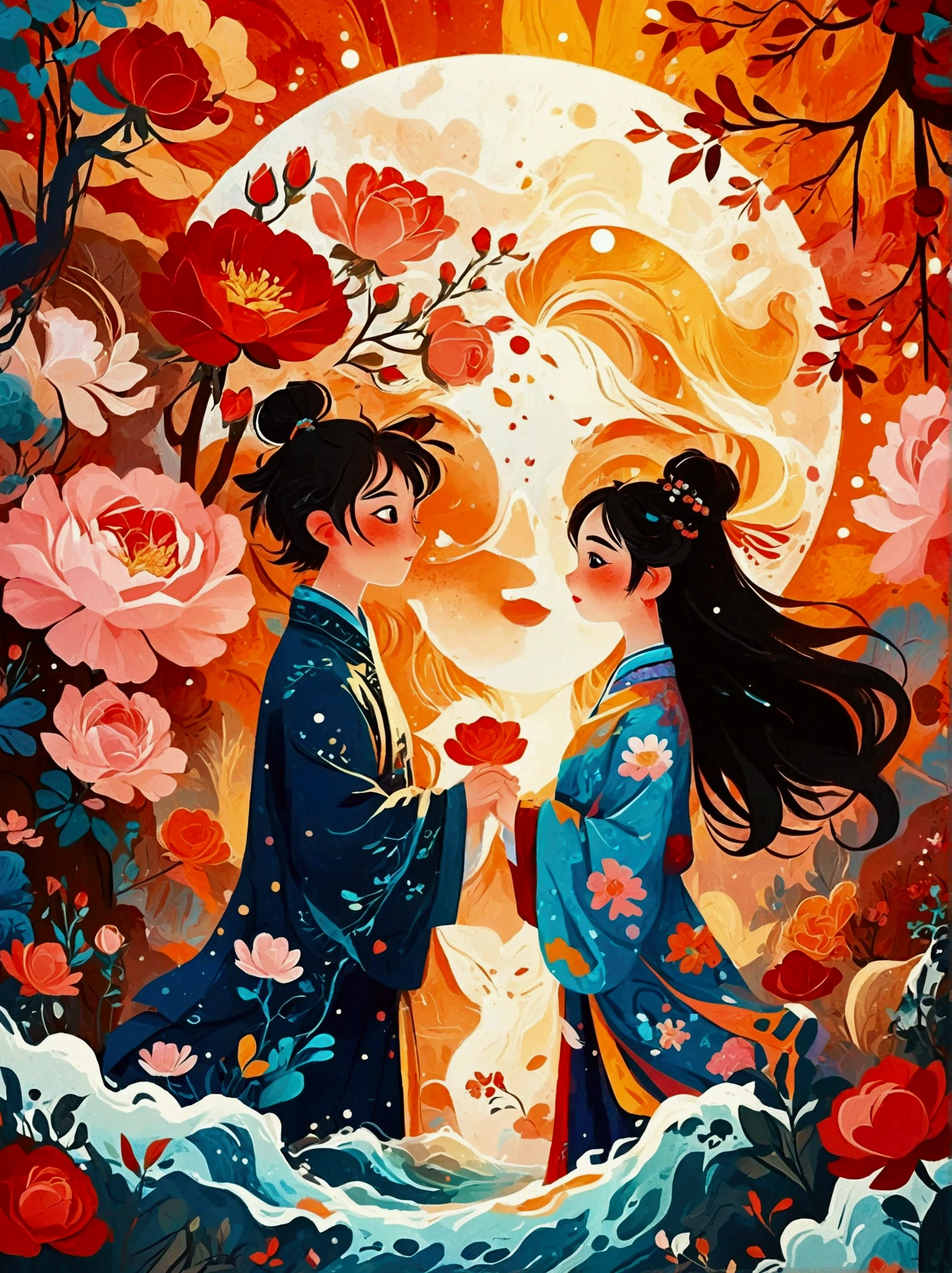 (8k,Bright colors,Bright,Ultra high saturation,rgb, Colorful), Cartoon,Character Design, Surreal photos,A poster for the ”Chinese Valentine‘s Day“ festival, featuring an ocean scene with roses floating on it and silhouettes of two people holding hands in traditional costumes. the moonlit sky is decorated with red flowers. At night, a huge sun rises from behind the clouds, casting light over everything around in the style of traditional,The background is a magical forest full of spirituality,Create soft、Flowing atmosphere。Beautiful overall composition,microorganism,plant,Marine Life,Exquisite eyes,Starry Sky,Abstract mosaic painting,Describing the inner world of autistic people,Sense of space,White space,interesting,Innocence,Psychedelic Art,可爱的Q版Cartoon风格,Simple background,Colorful illustrations, Bright colors, Full body image, HD, High-resolution images in a Q-version style