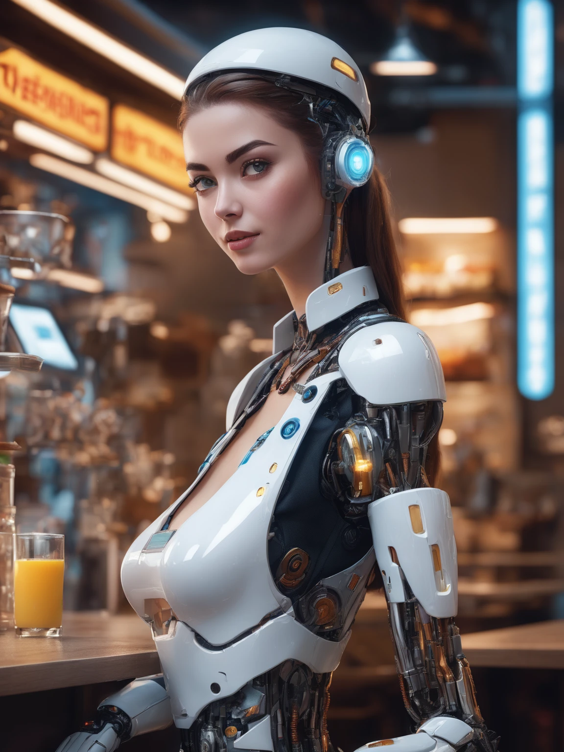 a waitress robot, cyborg waitress, android waitress, futuristic waitress, hyper-realistic cyborg waitress, high tech waitress, highly detailed cyberpunk waitress, intricate machinery waitress, glow in the dark cybernetic waitress, glowing cybernetic waitress, photorealistic cybernetic waitress, hyper detailed cybernetic waitress, photorealistic cyborg waitress, ultra detailed cyborg waitress, best quality, 4k, 8k, highres, masterpiece:1.2, ultra-detailed, realistic, photorealistic, photo-realistic:1.37, vivid colors, dramatic lighting, cinematic, concept art style