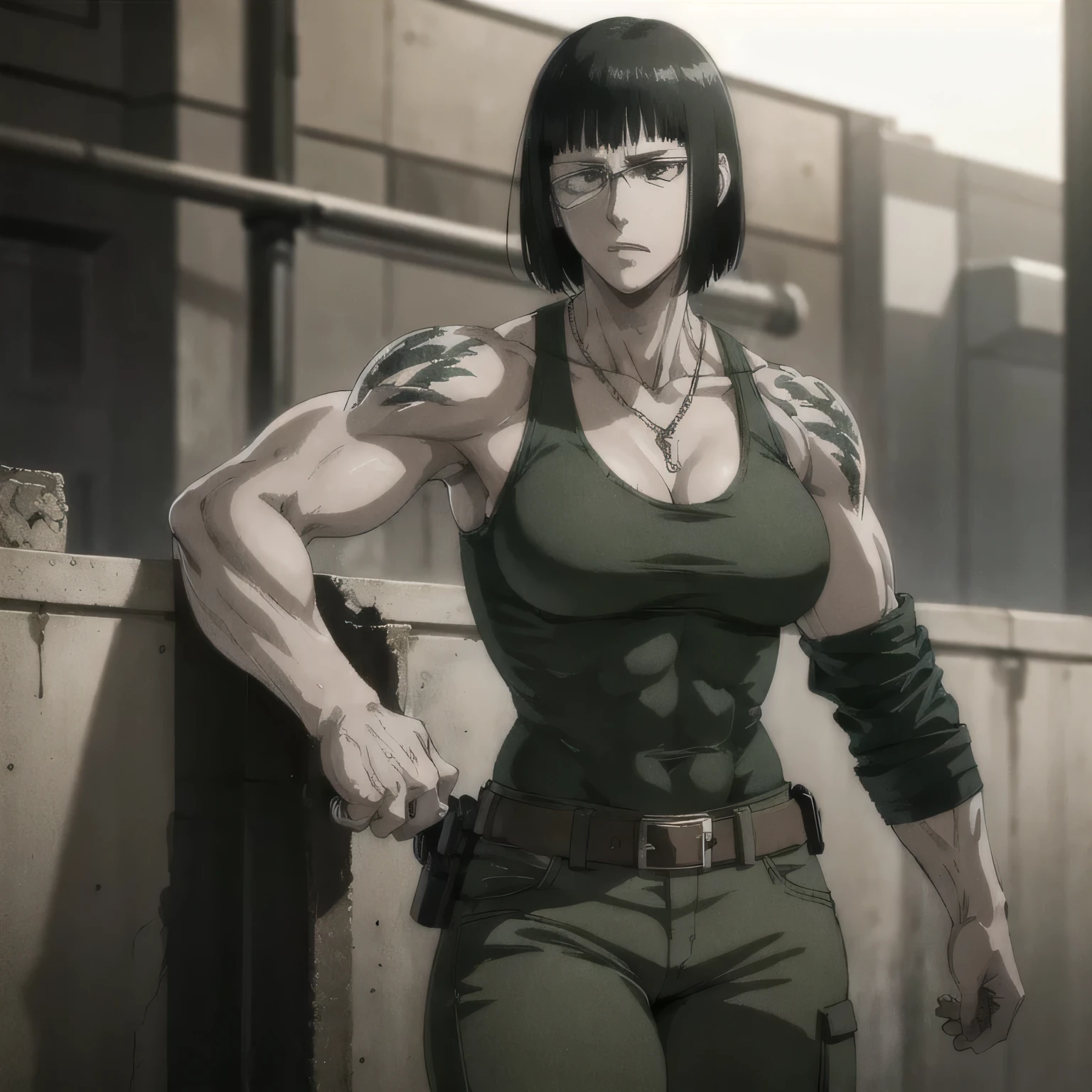 (best quality,ultra-detailed,realistic:1.37),musclaur badass girl with sculpted body with preview her musclaur body and six-pack, full review of the female character's face and body, intense expression, strong and confident posture, studio lighting, vivid colors, physiologically-based rendering, grungy texture, rugged background, dust particles in the air, commanding presence, professional, powerful, gritty aesthetics,,Valmet،short hair,necklace,clean muscles،wearing green military pants with belt and tank top and open jacket, tattoos on shoulders,clean clothes,1girl(solo),fat free body