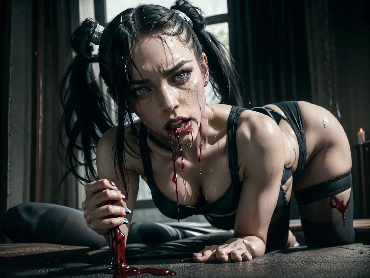 (((red dripping blood))), Her full body is shown giving a Blowjob, She is sucking on a man's penis, she is biting into a man's penis with her sharp fangs intense, super slutty,, POV imamate insertion, (skintight slutty and revealing bodysuit), helpless and at a giantesses mercy ,the 2 women are looking down at you at their feet, ((POV from a Giantess's soon to be human dildo)), ((skirt/pantyhose)), perfect legs and skinny thighs, pantyhose, ((perfect tight ass)), tight wet pussy, giantess, dread, impending death, sex, domination, ((Perfect eyes and face)), ((closed wet full lips)), ((perfect hands and fingers)), ((( a lot of white cum is dripping out of her pussy))), ((she has a skinny and toned strong body)), ((makeup)), ((freckles)), ((perfect eyebrows)), ((sharper edges)), ((perfect scary grey eyes)), perfect intimidating face, slut, sadistic, predatory, better detail on her skin, perfect face and strong jawline, perfect full wet lips, sadistic atmosphere, wet sweaty skin, more detail, beautiful intimidating grey eyes, ((beautiful horror)), better lighting, more toned muscles, perfect detail on her intimidating eyes, very tight underwear, ((tight pussy)), (((tighter clothing))), slutty, intense, perfect detail, tight and sexy, ((piercings)), better detail on her bellybutton, skinny, skinny and strong, more skin showing, intense, slutty, freckles, long skinny perfect legs, scary and intense, she is a skinny and toned 25 year old sexy and perfect and intimidating Japanese/American skinny/tone futuristic evil retribuition alice, pale white skin, eye contact, (full tall body is shown), (((hair with short ponytails and bangs))), , perfect face and eyes, she has a skinny and athletic body wearing pantyhose, only her full body is shown above the viewer looking down at him, perfect face, perfect strong jawline, perfect lips, best resolution, perfect bone structure, femdom, she has a skinny and toned young perfect body and legs, tight stockings and garter belt, looking do