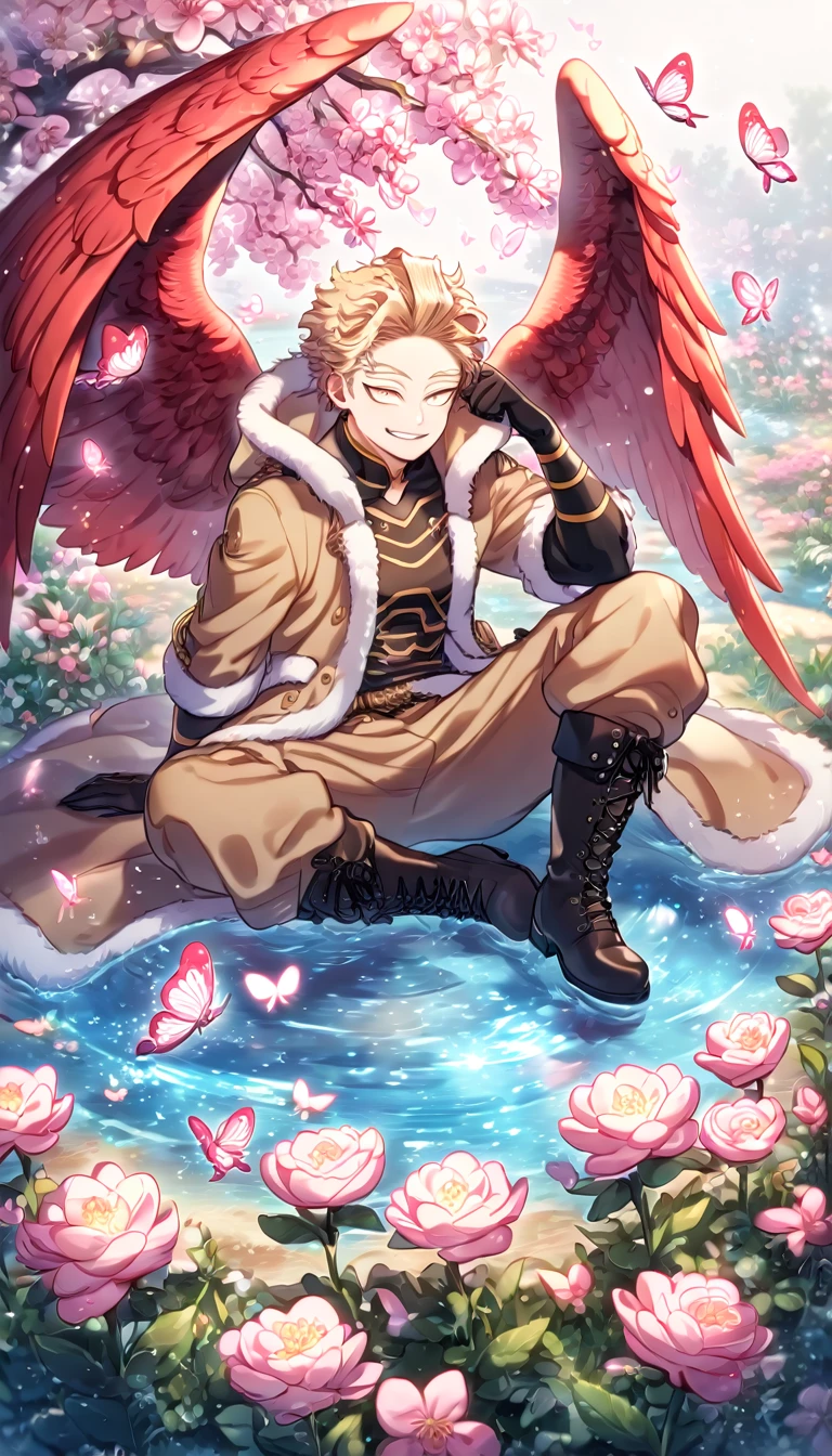 absurdres, highres, ultra detailed, HDR, master piece, best quality, extremely detailed face, delicated features, Hawks, ash-blonde hair, expressive golden brown eyes, faint stubble, red wings on his back, Boku No Hero Academia, solo, sexy man sitting, handsome, brown coat with fur collar, black tight shirt with patterns, black gloves, brown pants, small black boots, smile, fantasy, magical, pink butterflies, spring, pink leaves, pink flowers, water, garden