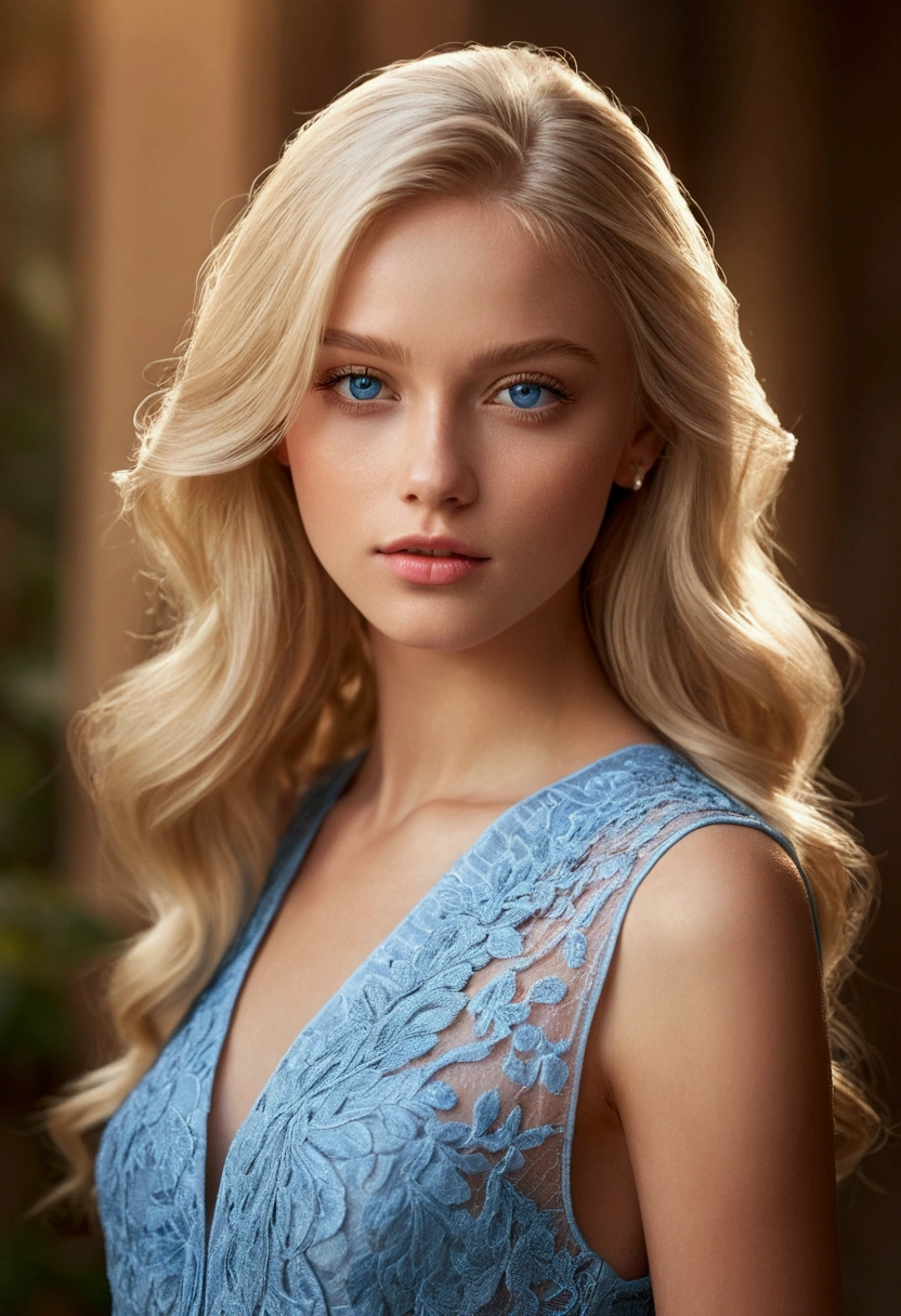 beautiful blonde model girl, detailed blue eyes, photorealistic, high-quality, intricate details, realistic lighting, natural skin tones, soft focus, warm color palette, fashion clothes, elegant pose, environmental background, cinematic atmosphere, masterpiece, half body