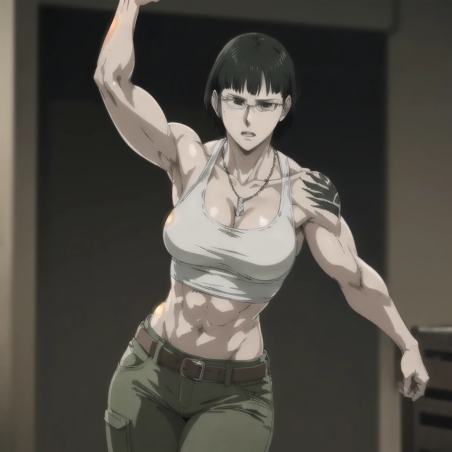 (best quality,ultra-detailed,realistic:1.37),musclaur badass girl with sculpted body with preview her musclaur body and six-pack, full review of the female character's face and body, intense expression, strong and confident posture, studio lighting, vivid colors, physiologically-based rendering, grungy texture, rugged background, dust particles in the air, commanding presence, professional, powerful, gritty aesthetics,,Valmet،short hair,necklace,clean muscles،wearing green military pants with belt and tank top and open jacket, tattoos on shoulders,clean clothes,1girl(solo),fat free body 