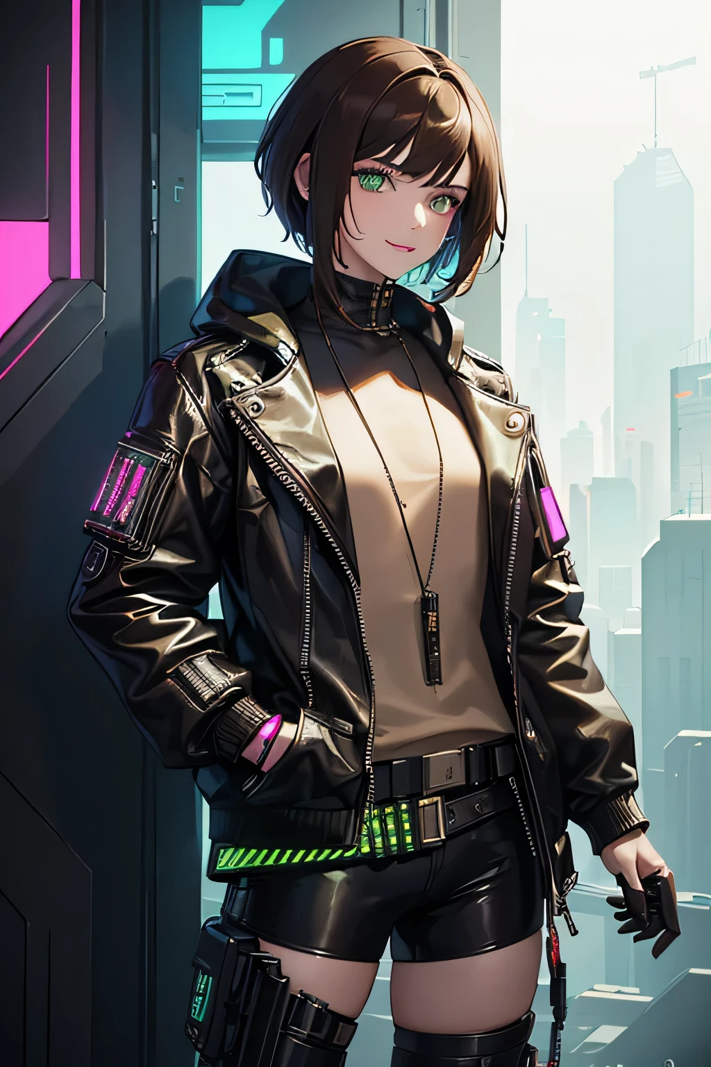 masterpiece, best quality, detailed clothes,1boy, male, man, boy, brown-green eyes, dark brown hair, solo, short hair, smiling, jacket,jacket,jacket intricate))))((detailed outfit,detailed clothes, intricate cyberpunk clothes, male cyberpunk gear, cyberpunk clothes, neon cyberpunk background, cyberpunk style, cyberpunk, futuristic cyberpunk pistol holstered at hip
