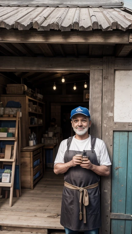 In the background, the humble artisan carpentry workshop, a crowd of people standing in front of the carpentry shop looking at the objects inside, in the foreground the carpenter called José, a healthy and strong man wearing a leather apron with a happy face