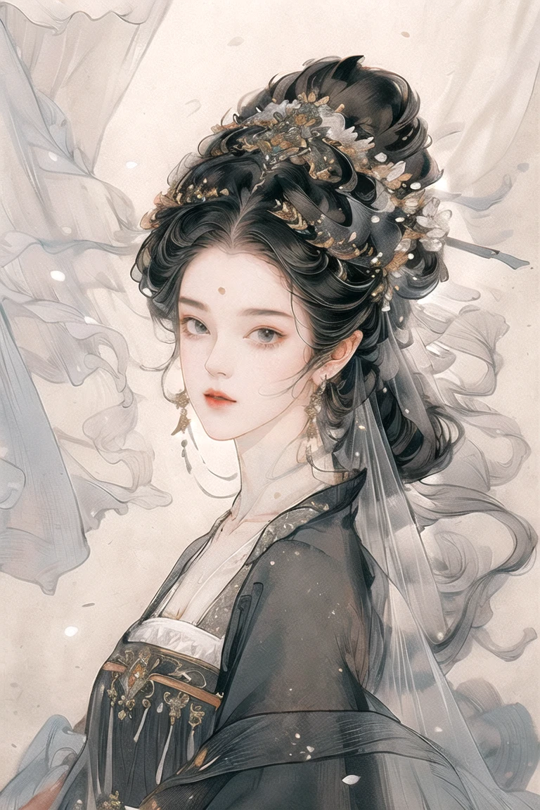 (masterpiece), best quality, best quality, Highly detailed CG Unity 8k wallpaper, Original, high resolution, (Depth of Field: 1.5), Honesty: 1.3, Chest, bride portrait style, 1 girl, curtain, veil , bridal veil, Wedding dress, curtain, Jewelry, Solitary, earrings, teeth, bride, Black_hair